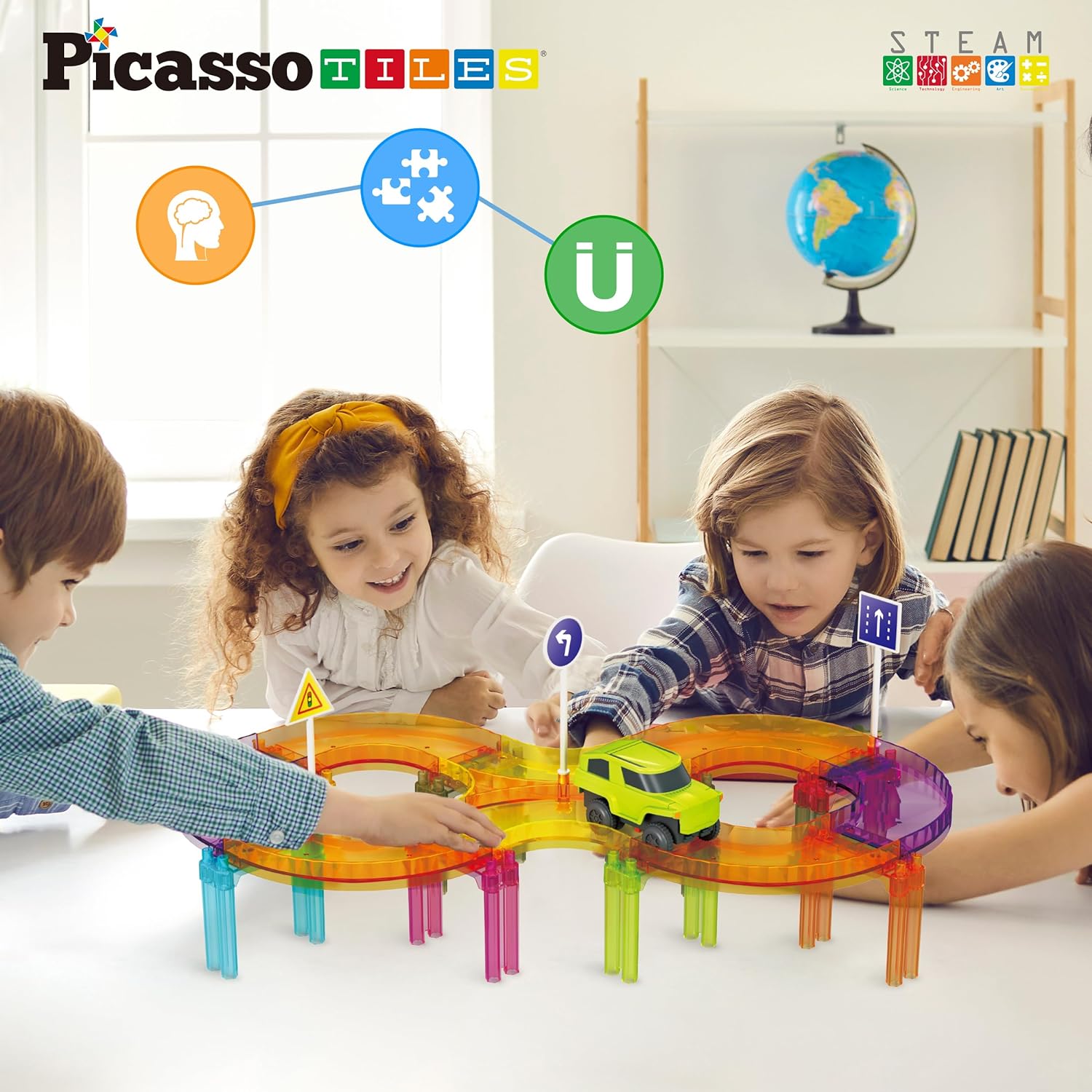 PicassoTiles 40pc Mini Diamond Series Magnetic Tile Race Track Set LED Car Travel Size Magnet Block Toy Set Magnetized Building Fine Motor Skill STEM Education Learning Development Kit Ages 3 PTMR40PTMR40