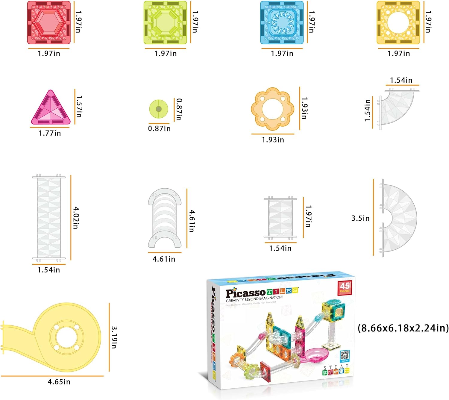 PicassoTiles 40pc Mini Diamond Series Magnetic Tile Race Track Set LED Car Travel Size Magnet Block Toy Set Magnetized Building Fine Motor Skill STEM Education Learning Development Kit Ages 3 PTMR4045pc Marble Run