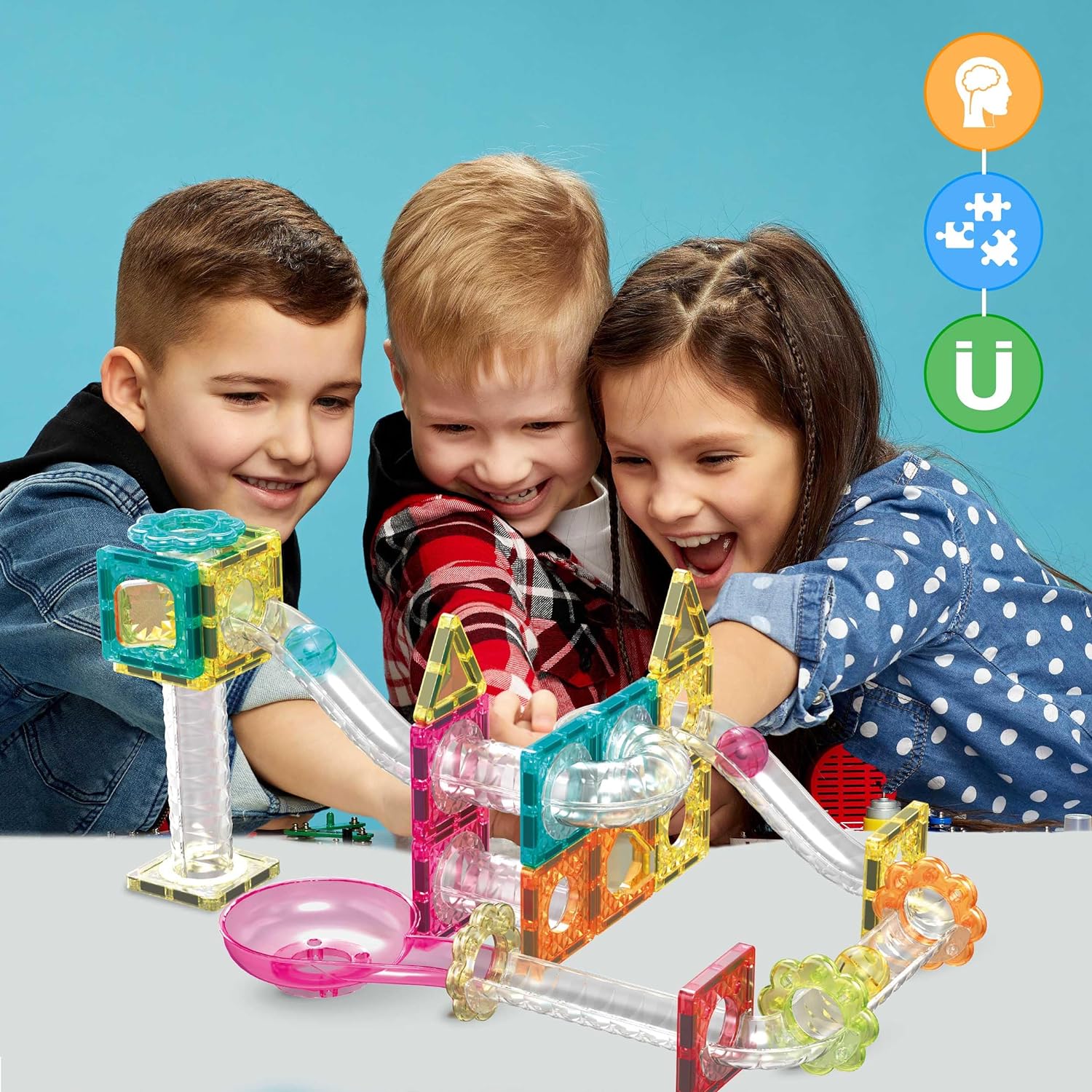 PicassoTiles 40pc Mini Diamond Series Magnetic Tile Race Track Set LED Car Travel Size Magnet Block Toy Set Magnetized Building Fine Motor Skill STEM Education Learning Development Kit Ages 3 PTMR4045pc Marble Run