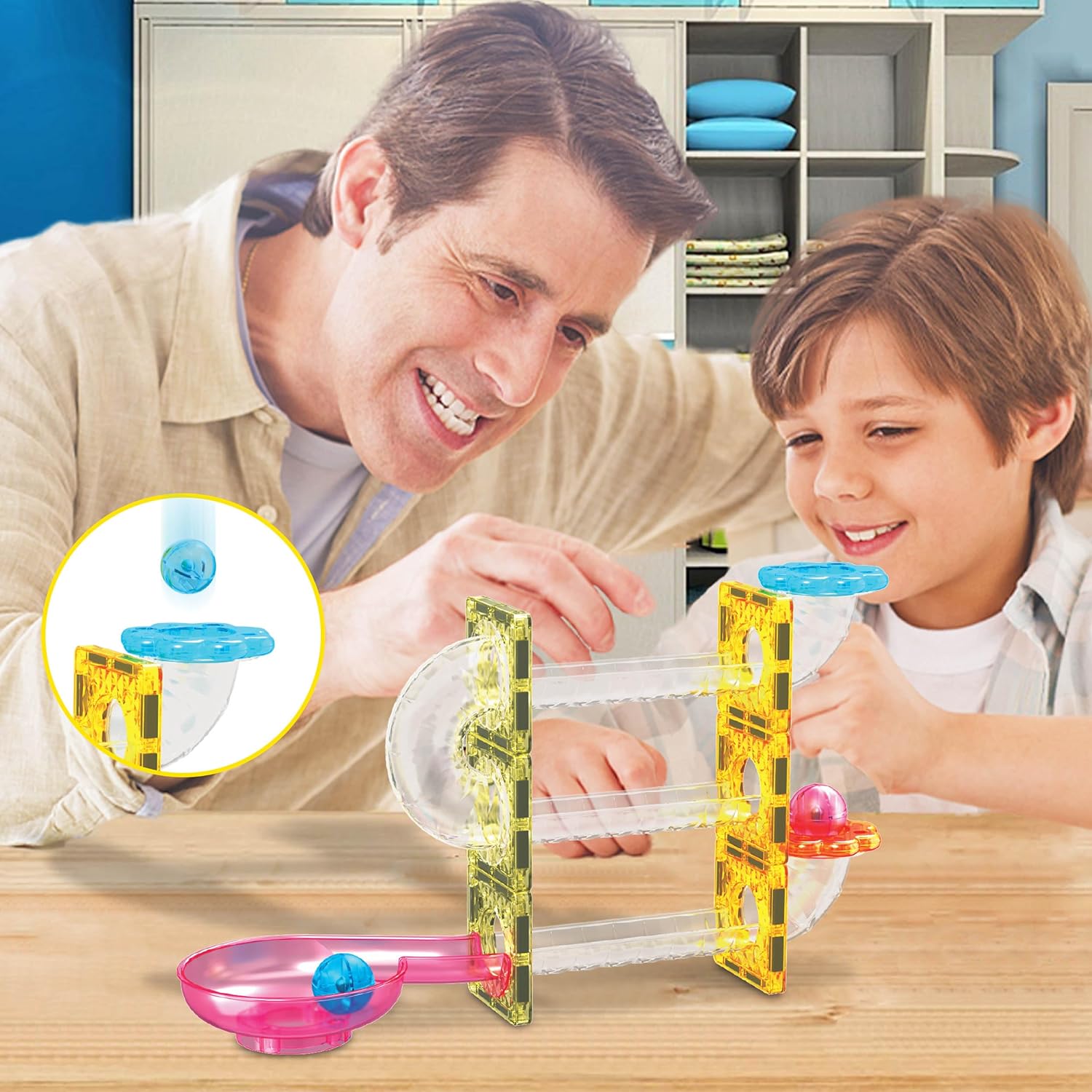 PicassoTiles 40pc Mini Diamond Series Magnetic Tile Race Track Set LED Car Travel Size Magnet Block Toy Set Magnetized Building Fine Motor Skill STEM Education Learning Development Kit Ages 3 PTMR4045pc Marble Run