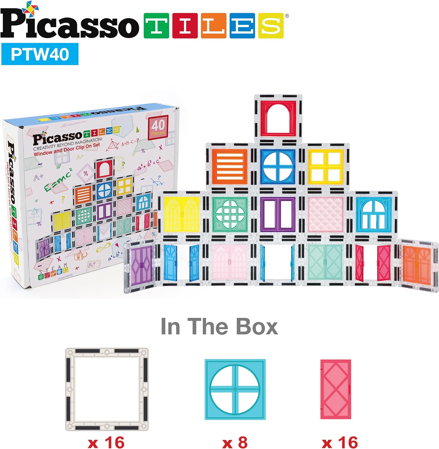 PicassoTiles 40pcs Magnetic Tile Clipin Window and Door Expansion Set Magnetic Block Addons Magnet Building Construction Toys STEM Education Learning Stacking Block Toddler Boys amp Girls40PC