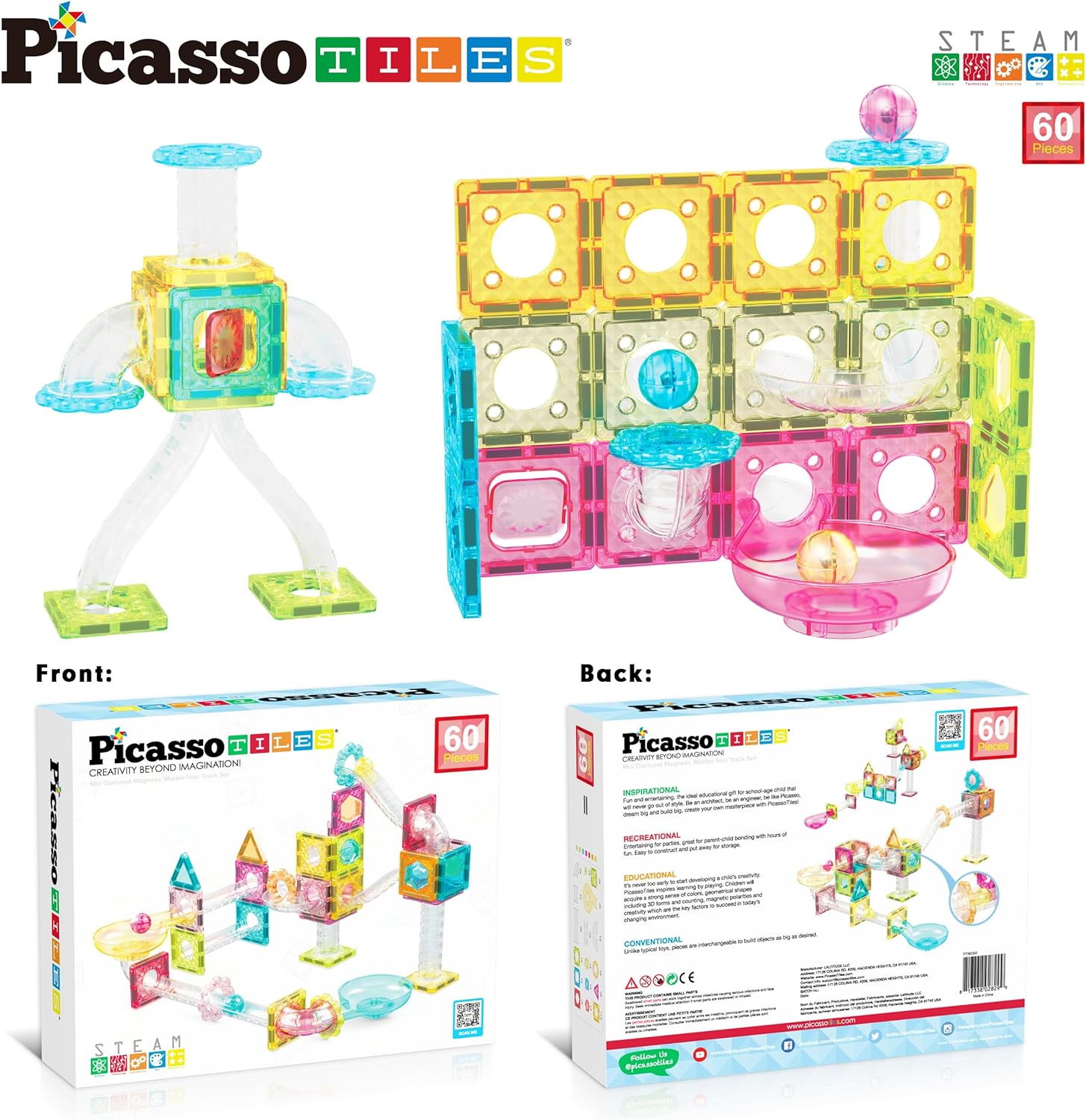 PicassoTiles 60 pc Magnet Tiles Building Block Travel Size Magnetic Marble Run Construction Toy Set Mini Diamond Marble RaceTrack Building Blocks Playset Education STEM Learning Kit Boy Girl 3 PTMG60PicassoTiles 60 pc Magnet Tiles Building Block Travel Size Magnetic Marble Run Construction Toy Set Mini Diamond Marble RaceTrack Building Blocks Playset Education STEM Learning Kit Boy Girl 3 PTMG60