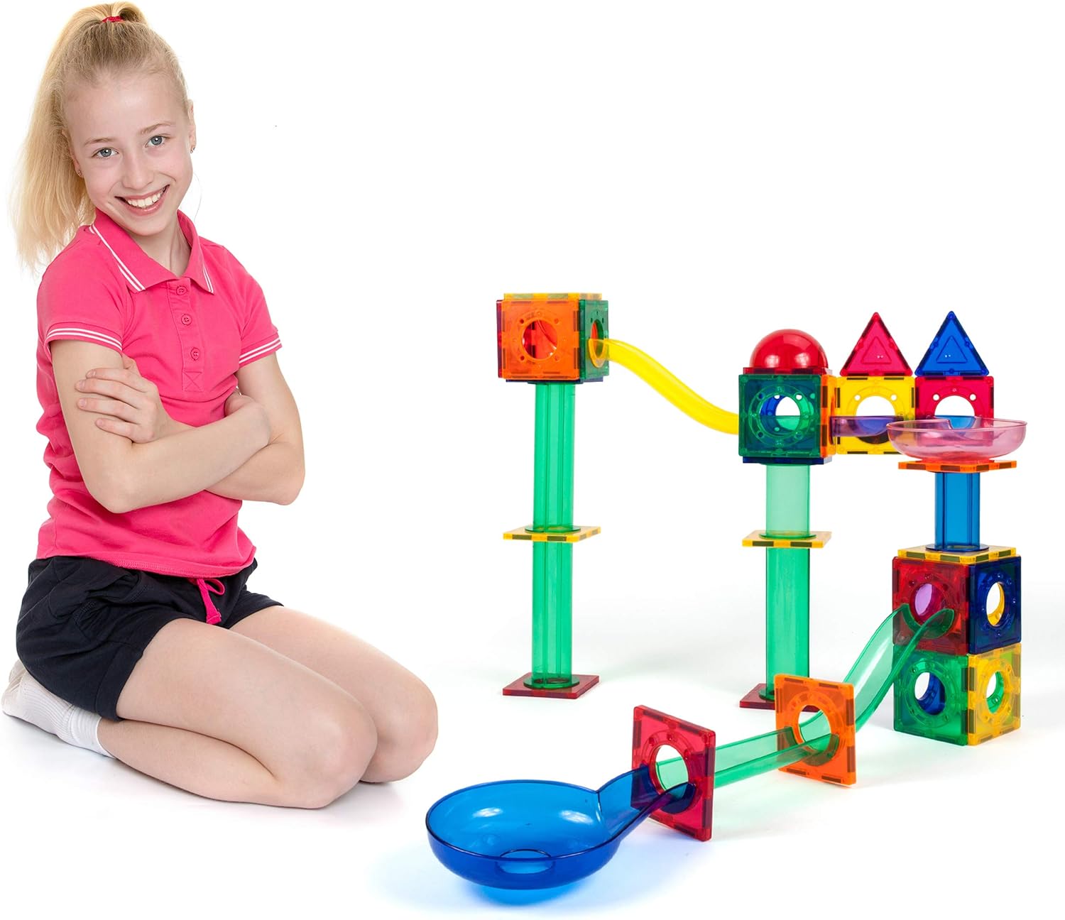 PicassoTiles 70 PCs Marble Run Maze Race Track Magnetic Tiles Magnet Building Block Educational Construction Toy Playset STEM Learning Kit Child Brain Development Hand Eye Coordination Training PTG70PTG70