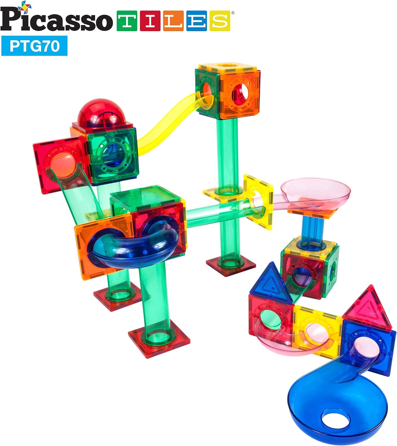PicassoTiles 70 PCs Marble Run Maze Race Track Magnetic Tiles Magnet Building Block Educational Construction Toy Playset STEM Learning Kit Child Brain Development Hand Eye Coordination Training PTG70PTG70