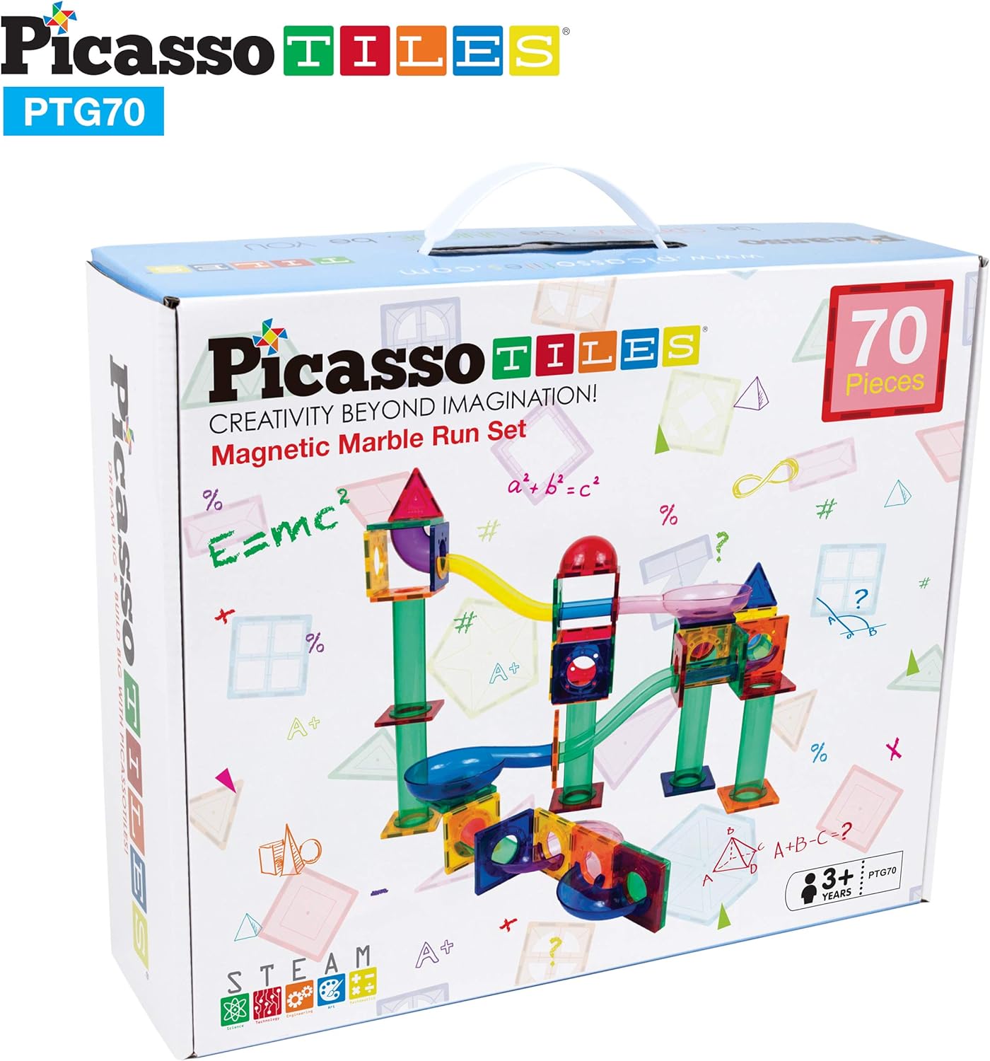 PicassoTiles 70 PCs Marble Run Maze Race Track Magnetic Tiles Magnet Building Block Educational Construction Toy Playset STEM Learning Kit Child Brain Development Hand Eye Coordination Training PTG70PTG70