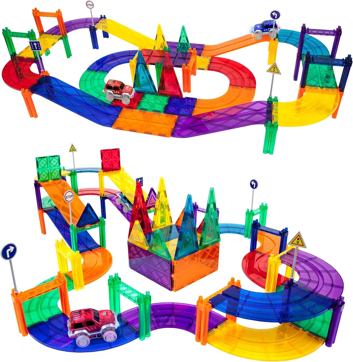 PicassoTiles 80 Piece Race Car Track Building Block Educational Toy Set Magnetic Tiles Magnet DIY Playset 2 Light Up Car STEM Learning Construction Kit HandEye Coordination Fine Motor Skill TrainingPTR80