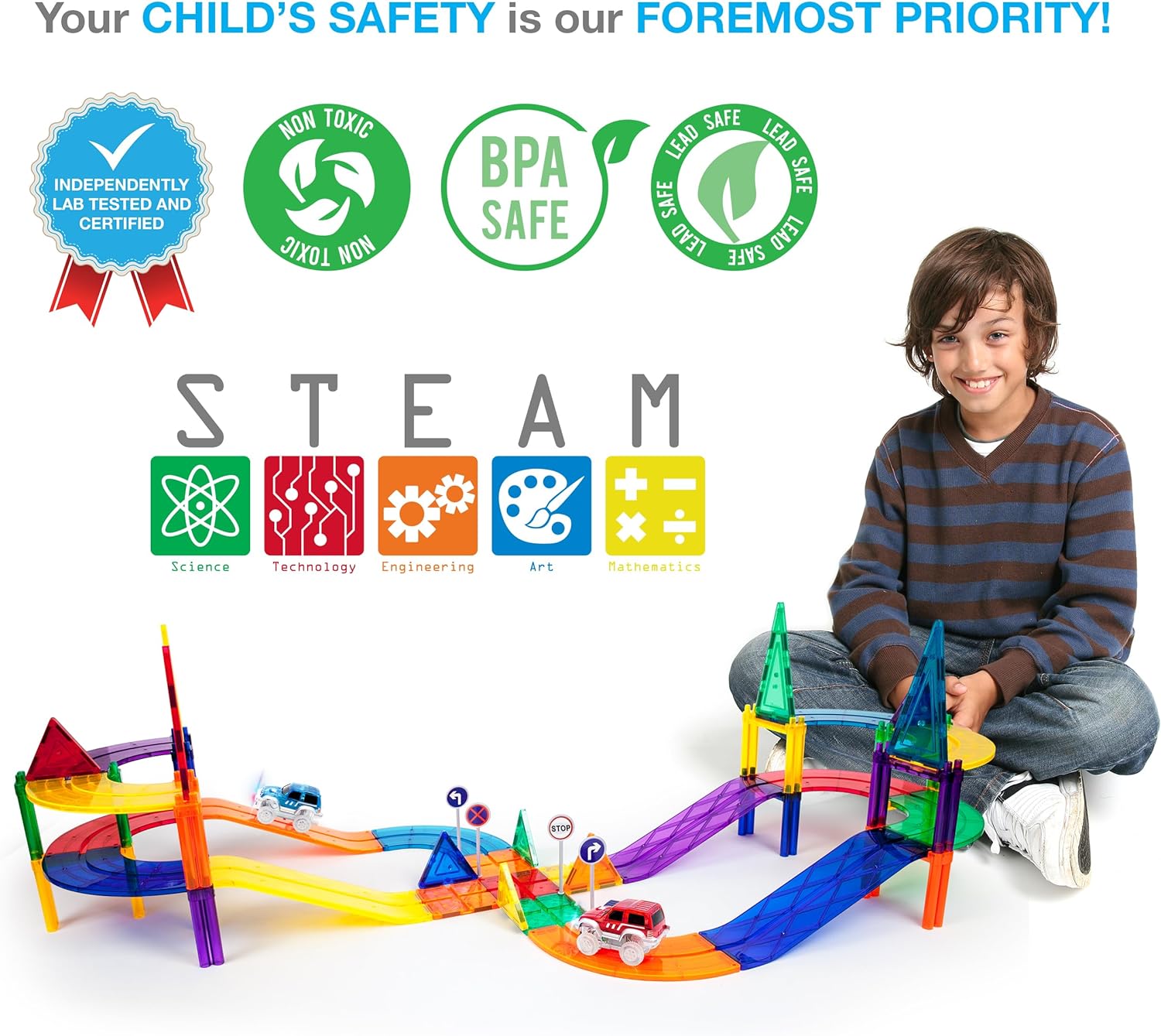 PicassoTiles 80 Piece Race Car Track Building Block Educational Toy Set Magnetic Tiles Magnet DIY Playset 2 Light Up Car STEM Learning Construction Kit HandEye Coordination Fine Motor Skill TrainingPTR80