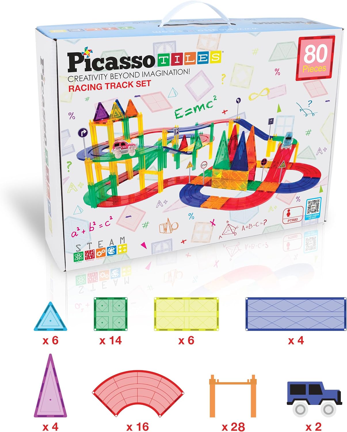 PicassoTiles 80 Piece Race Car Track Building Block Educational Toy Set Magnetic Tiles Magnet DIY Playset 2 Light Up Car STEM Learning Construction Kit HandEye Coordination Fine Motor Skill TrainingPTR80