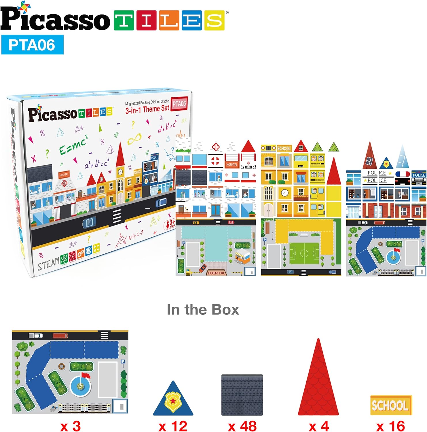PicassoTiles 80pc School Hospital Police Station 3in1 Theme Magnet Self Adhesive Backing StickOn Puzzle Graphic Kit and Overlay Maps for Magnetic Building Blocks STEM Learning Construction ToySchool Hospital Police Station