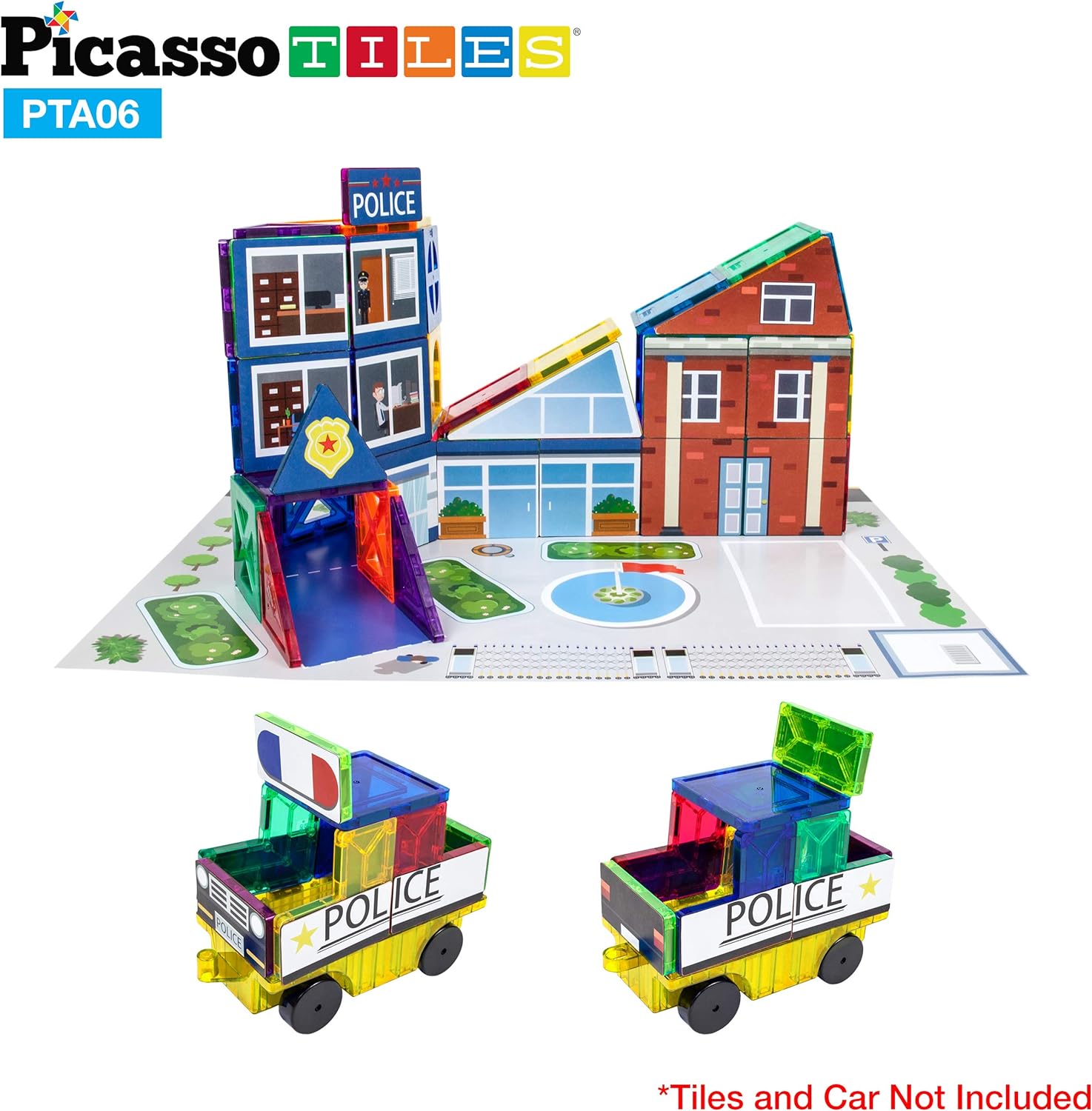 PicassoTiles 80pc School Hospital Police Station 3in1 Theme Magnet Self Adhesive Backing StickOn Puzzle Graphic Kit and Overlay Maps for Magnetic Building Blocks STEM Learning Construction ToySchool Hospital Police Station