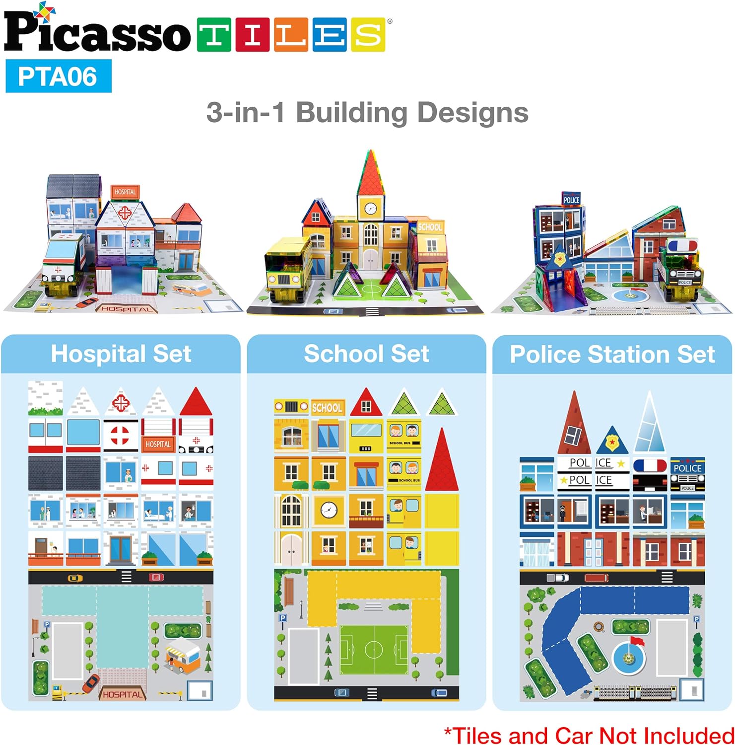 PicassoTiles 80pc School Hospital Police Station 3in1 Theme Magnet Self Adhesive Backing StickOn Puzzle Graphic Kit and Overlay Maps for Magnetic Building Blocks STEM Learning Construction ToySchool Hospital Police Station