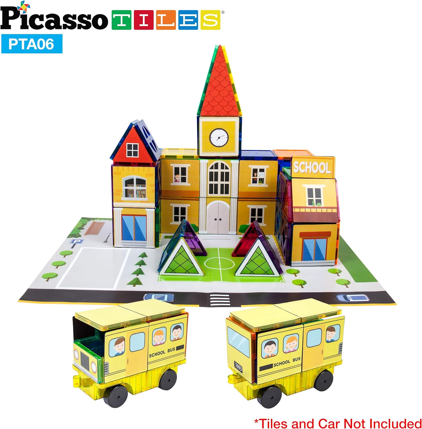 PicassoTiles 80pc School Hospital Police Station 3in1 Theme Magnet Self Adhesive Backing StickOn Puzzle Graphic Kit and Overlay Maps for Magnetic Building Blocks STEM Learning Construction ToySchool Hospital Police Station