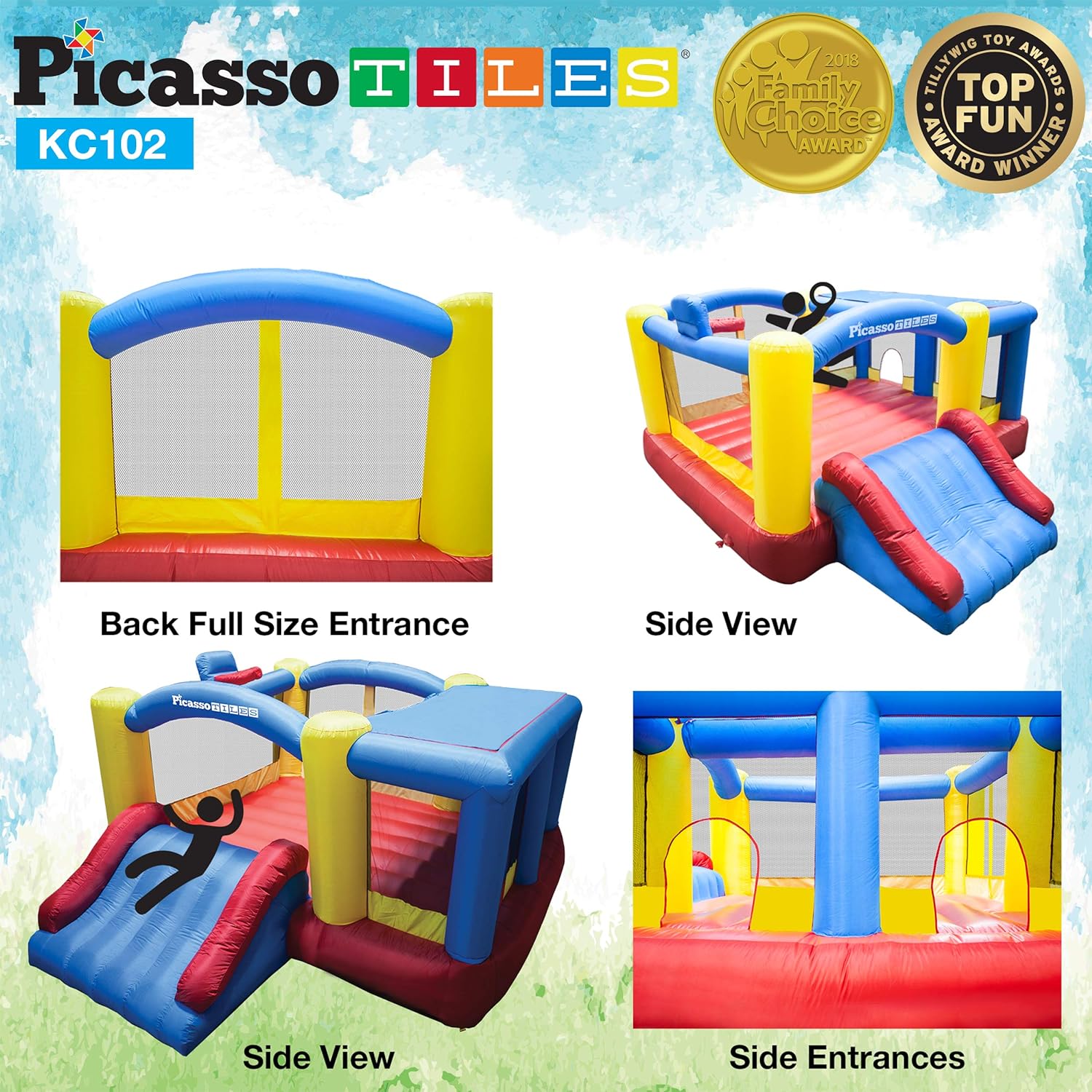 PicassoTiles Inflatable Bouncer House  Magnetic Building Block Jump Slide Dunk Playhouse wBasketball Rim 4 Sports Balls 2 Character Figures 9 Tile Styles STEM Learning Magnets Playset Age 3PicassoTiles Inflatable Bouncer House  Magnetic Building Block Jump Slide Dunk Playhouse wBasketball Rim 4 Sports Balls 2 Character Figures 9 Tile Styles STEM Learning Magnets Playset Age 3