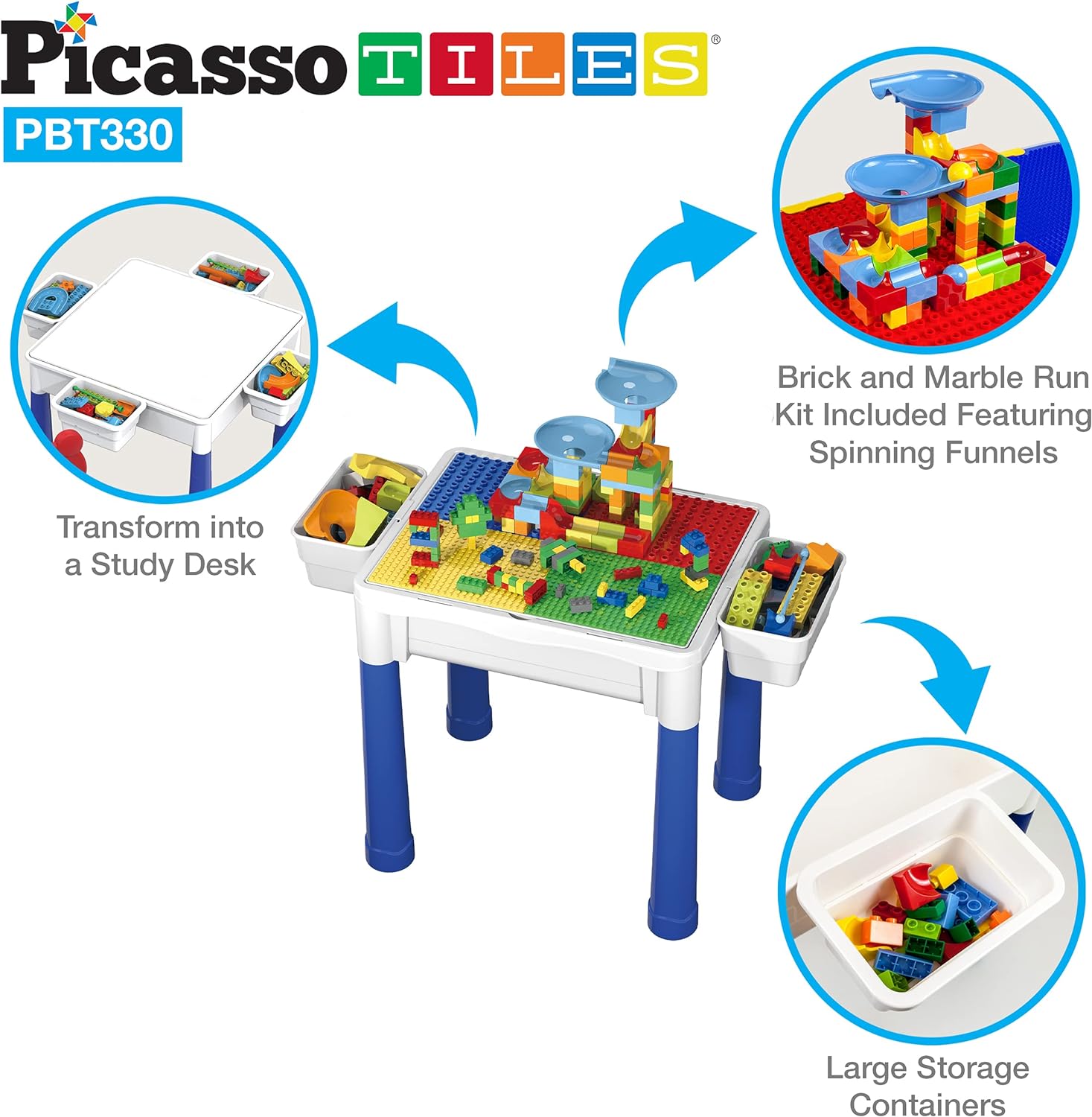 PicassoTiles Kids Activity Center Play Table amp Study Desk Set Sandbox Water Tight Container Storage Allin1 STEM Toy Kit Playset with 331pc Dual Size Building Bricks Construction Blocks Marble RunPBT330