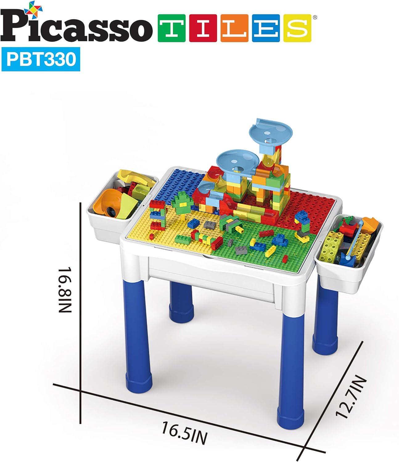 PicassoTiles Kids Activity Center Play Table amp Study Desk Set Sandbox Water Tight Container Storage Allin1 STEM Toy Kit Playset with 331pc Dual Size Building Bricks Construction Blocks Marble RunPBT330