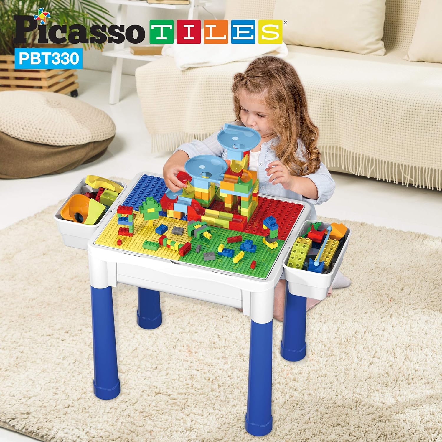 PicassoTiles Kids Activity Center Play Table amp Study Desk Set Sandbox Water Tight Container Storage Allin1 STEM Toy Kit Playset with 331pc Dual Size Building Bricks Construction Blocks Marble RunPBT330