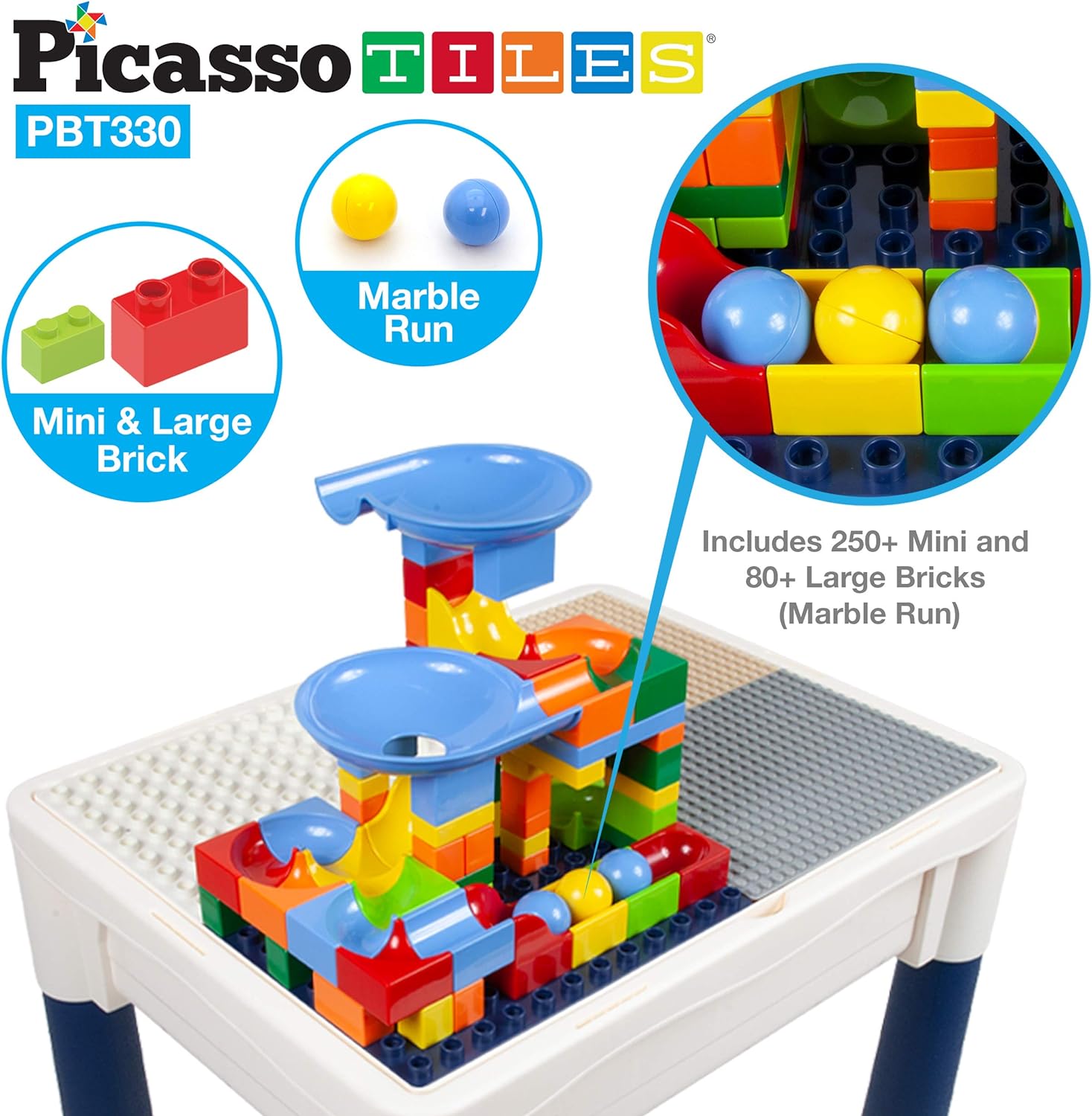 PicassoTiles Kids Activity Center Play Table amp Study Desk Set Sandbox Water Tight Container Storage Allin1 STEM Toy Kit Playset with 331pc Dual Size Building Bricks Construction Blocks Marble RunPBT330