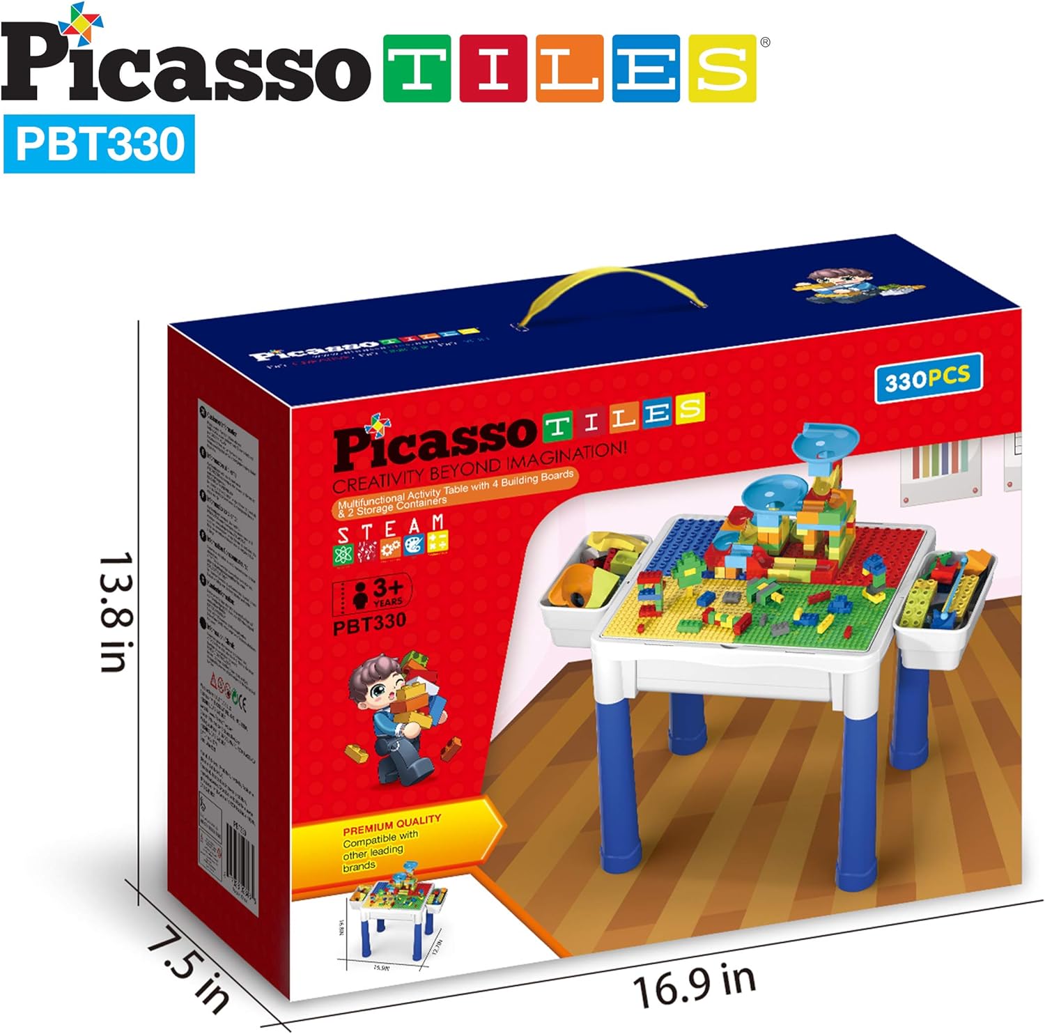 PicassoTiles Kids Activity Center Play Table amp Study Desk Set Sandbox Water Tight Container Storage Allin1 STEM Toy Kit Playset with 331pc Dual Size Building Bricks Construction Blocks Marble RunPBT330
