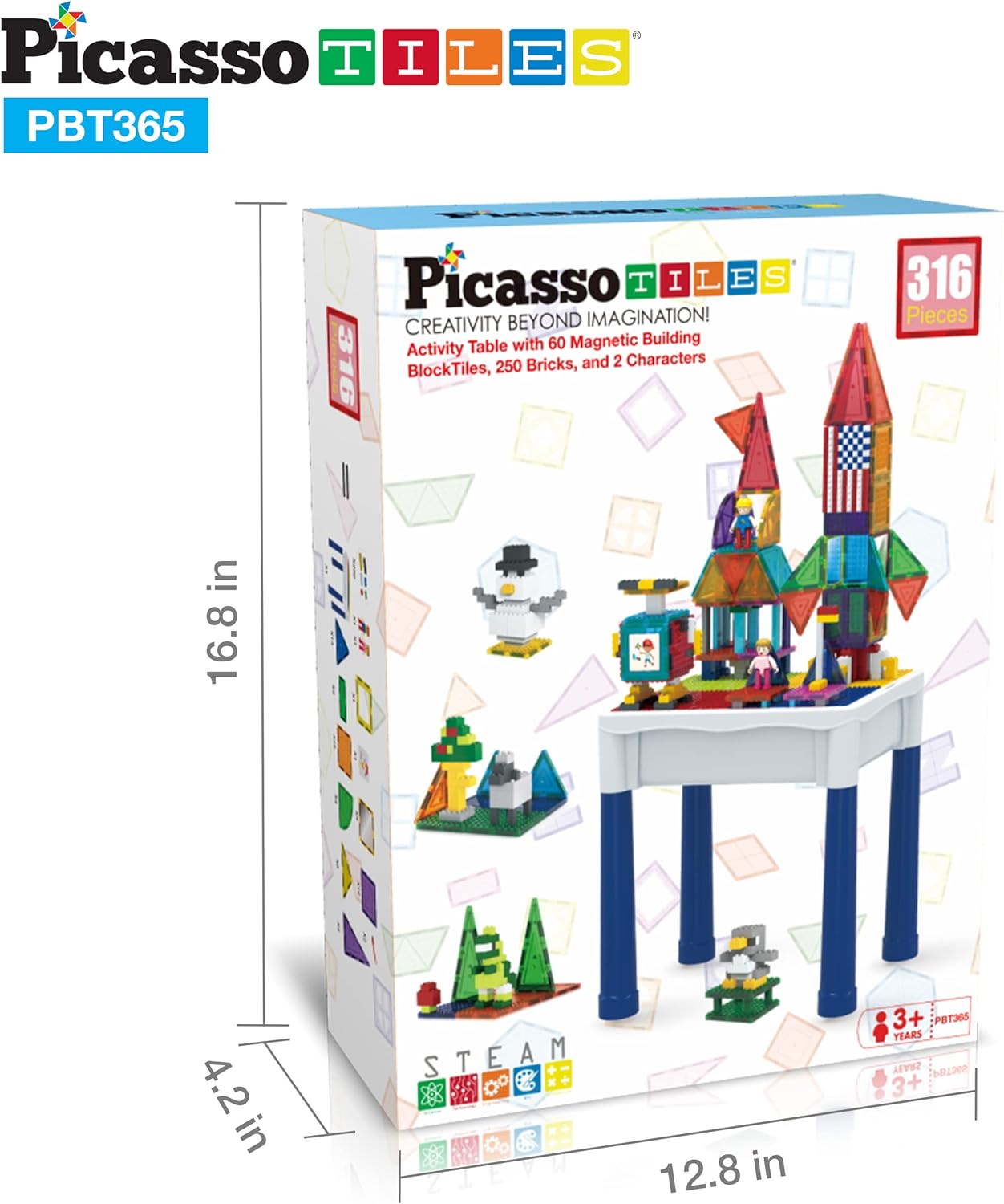PicassoTiles Kids Activity Center Play Table amp Study Desk Set Sandbox Water Tight Container Storage Allin1 STEM Toy Kit Playset with 331pc Dual Size Building Bricks Construction Blocks Marble RunPBT365