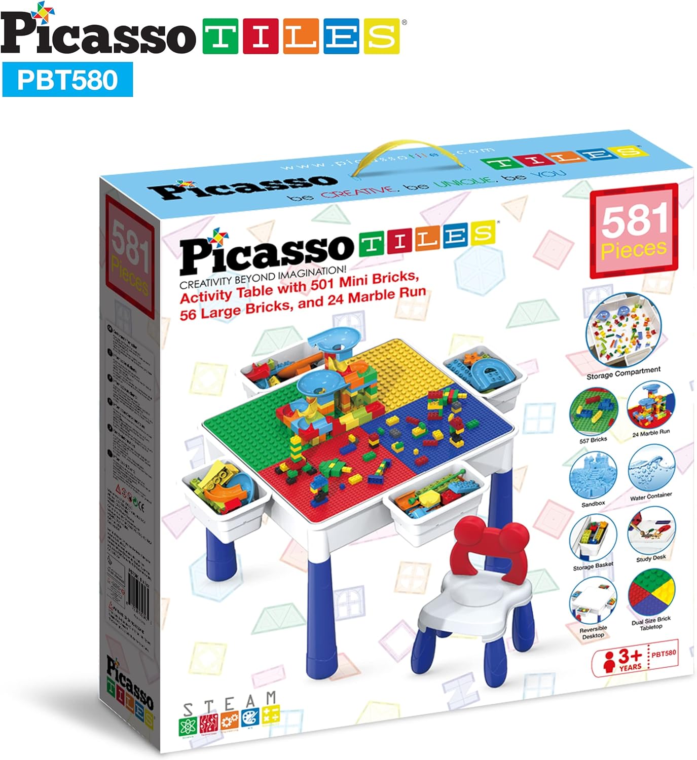 PicassoTiles Kids Activity Center Play Table amp Study Desk Set Sandbox Water Tight Container Storage Allin1 STEM Toy Kit Playset with 331pc Dual Size Building Bricks Construction Blocks Marble RunPBT580