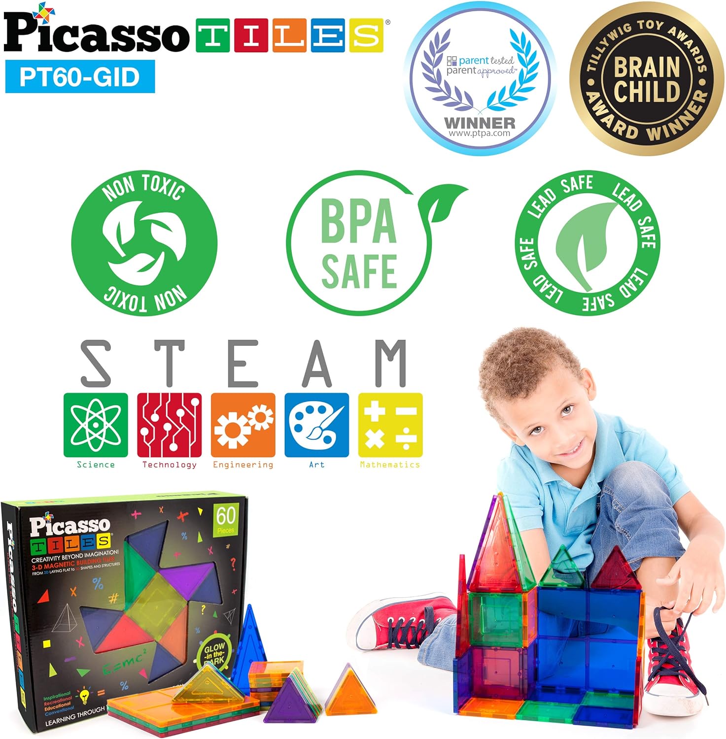 PicassoTiles Kids Toy Building Block Set Glow in The Dark Children Construction Kit Magnet Tiles Magnetic STEM Interlocking Playboard Educational Learning Stacking Blocks Child Brain Development PT60PicassoTiles Kids Toy Building Block Set Glow in The Dark Children Construction Kit Magnet Tiles Magnetic STEM Interlocking Playboard Educational Learning Stacking Blocks Child Brain Development PT60