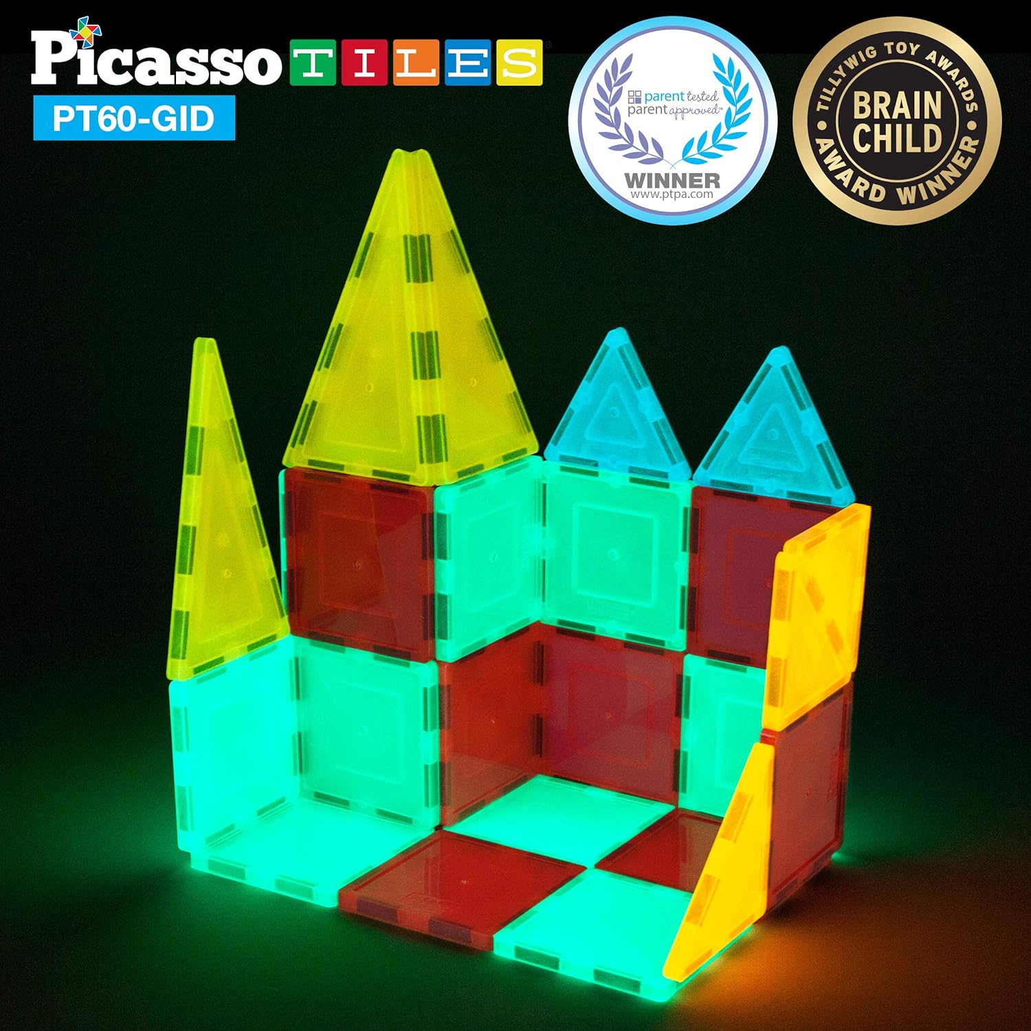 PicassoTiles Kids Toy Building Block Set Glow in The Dark Children Construction Kit Magnet Tiles Magnetic STEM Interlocking Playboard Educational Learning Stacking Blocks Child Brain Development PT60PicassoTiles Kids Toy Building Block Set Glow in The Dark Children Construction Kit Magnet Tiles Magnetic STEM Interlocking Playboard Educational Learning Stacking Blocks Child Brain Development PT60