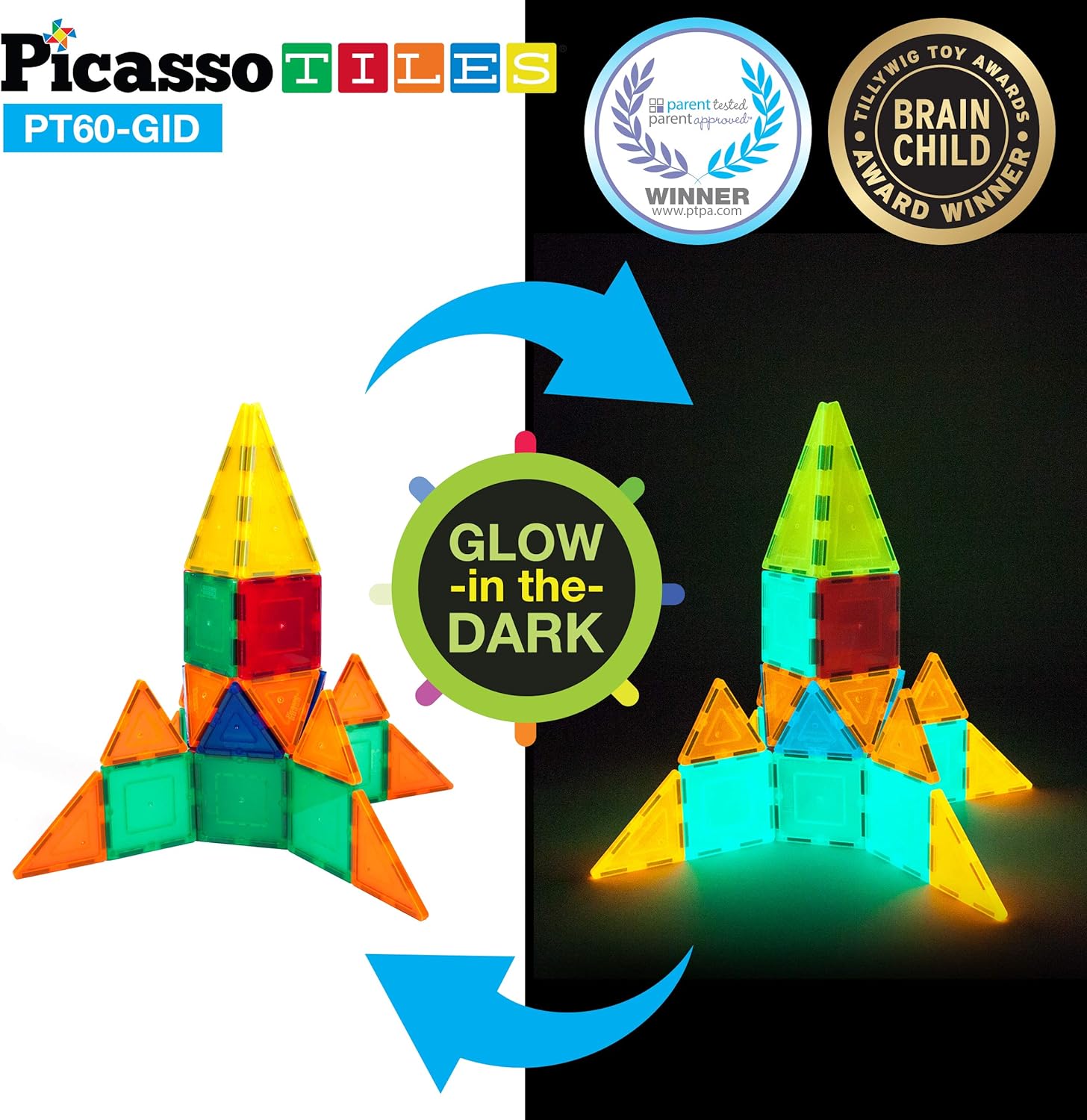 PicassoTiles Kids Toy Building Block Set Glow in The Dark Children Construction Kit Magnet Tiles Magnetic STEM Interlocking Playboard Educational Learning Stacking Blocks Child Brain Development PT60PicassoTiles Kids Toy Building Block Set Glow in The Dark Children Construction Kit Magnet Tiles Magnetic STEM Interlocking Playboard Educational Learning Stacking Blocks Child Brain Development PT60