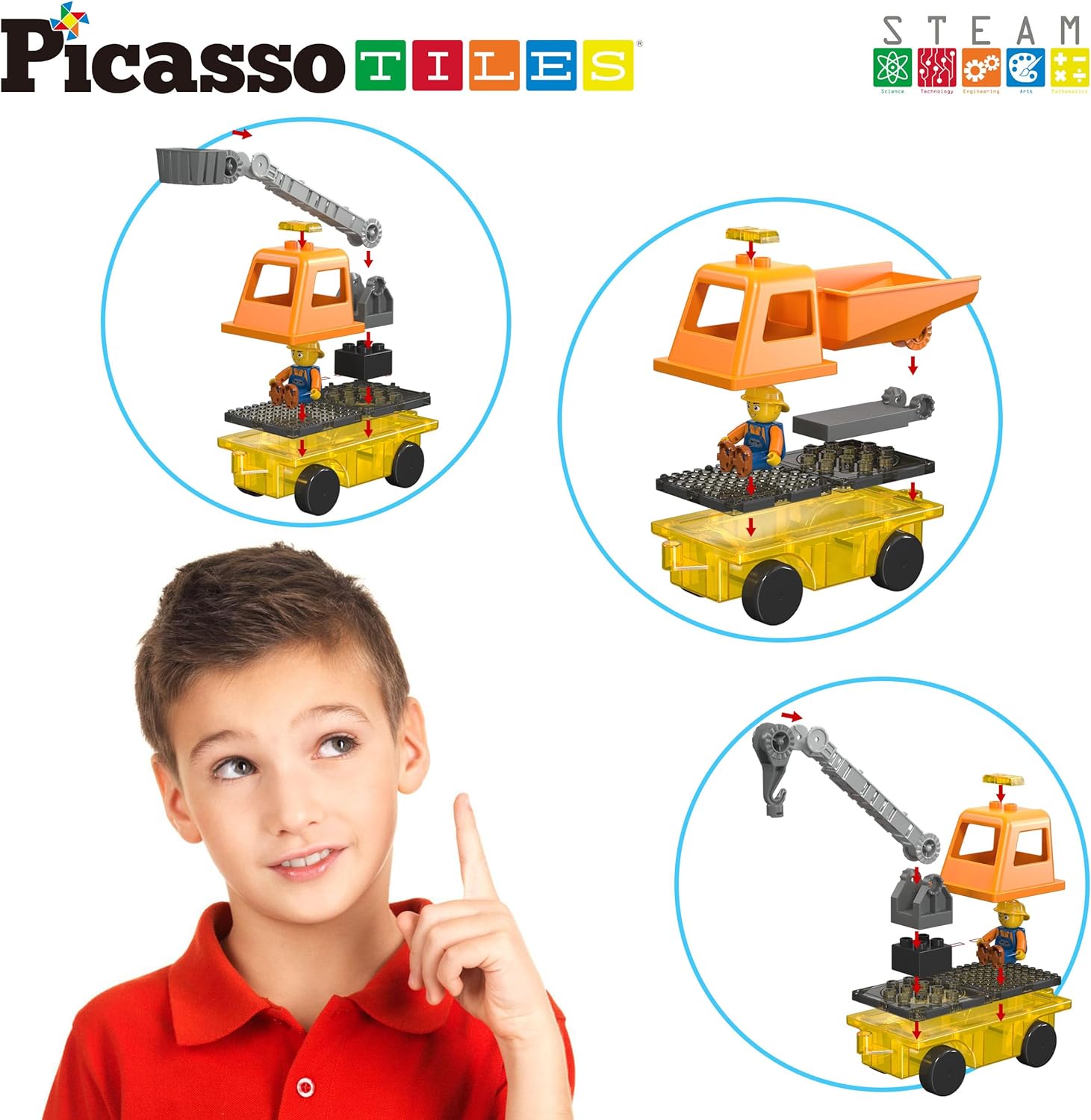 PicassoTiles Magnet Tile Building Blocks 3in1 Crane Dump Truck and Ladder Construction Vehicle Brick Compatible Magnetic Tiles Toy Set with Car Base Character Action STEM Learning Kit Age 3 PTU03PicassoTiles Magnet Tile Building Blocks 3in1 Crane Dump Truck and Ladder Construction Vehicle Brick Compatible Magnetic Tiles Toy Set with Car Base Character Action STEM Learning Kit Age 3 PTU03