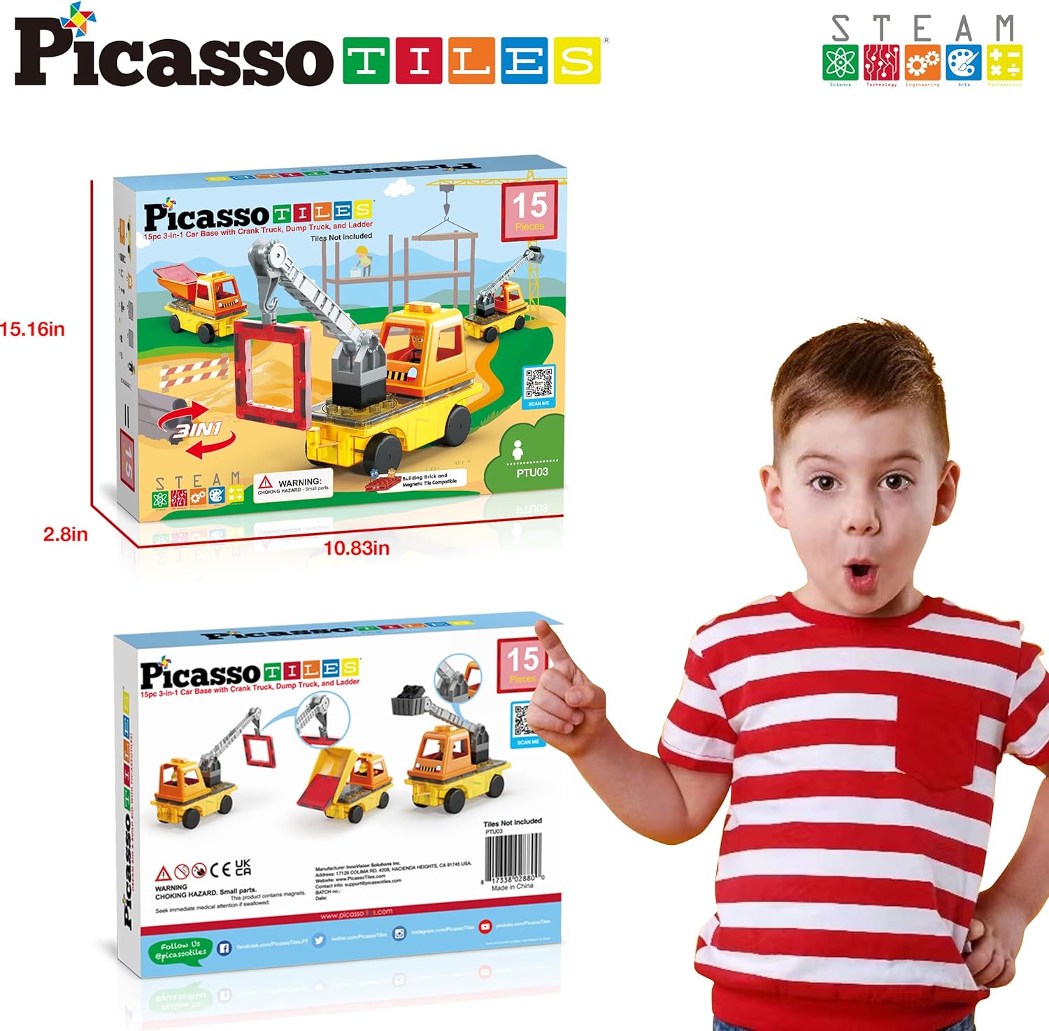 PicassoTiles Magnet Tile Building Blocks 3in1 Crane Dump Truck and Ladder Construction Vehicle Brick Compatible Magnetic Tiles Toy Set with Car Base Character Action STEM Learning Kit Age 3 PTU03PicassoTiles Magnet Tile Building Blocks 3in1 Crane Dump Truck and Ladder Construction Vehicle Brick Compatible Magnetic Tiles Toy Set with Car Base Character Action STEM Learning Kit Age 3 PTU03