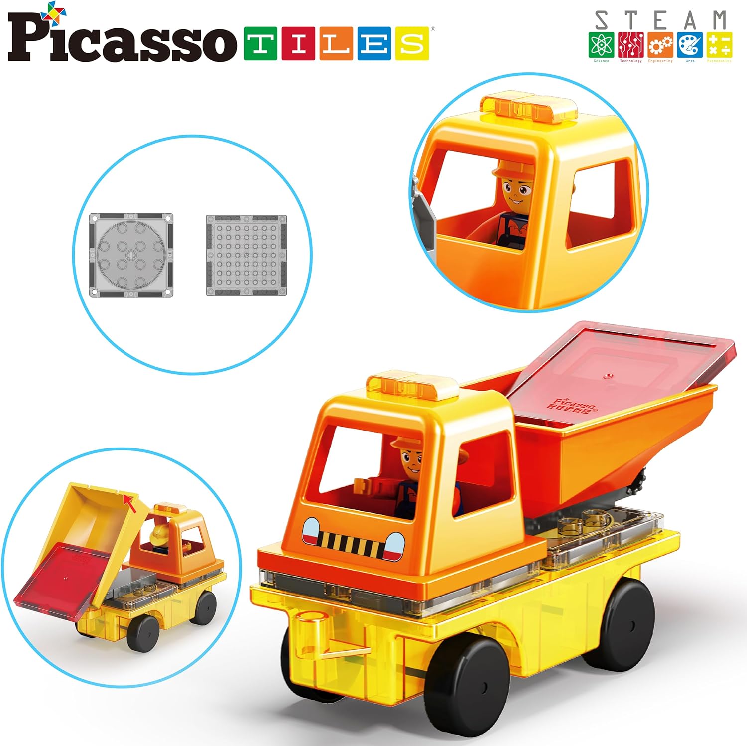 PicassoTiles Magnet Tile Building Blocks 3in1 Crane Dump Truck and Ladder Construction Vehicle Brick Compatible Magnetic Tiles Toy Set with Car Base Character Action STEM Learning Kit Age 3 PTU03PicassoTiles Magnet Tile Building Blocks 3in1 Crane Dump Truck and Ladder Construction Vehicle Brick Compatible Magnetic Tiles Toy Set with Car Base Character Action STEM Learning Kit Age 3 PTU03