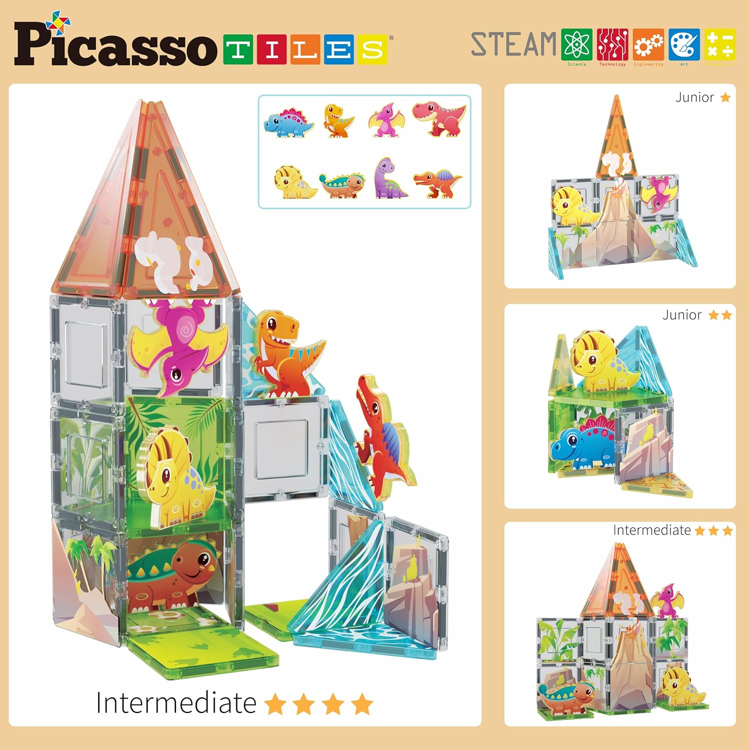 PicassoTiles Magnet Tile Building Blocks Farm Animal Toy Set with 8 Character Action Figures Magnetic Tiles STEM Learning Kit Playset Educational Pretend Play Preschool Toddler Child Kid Age 3 PTQ17Dinosaur