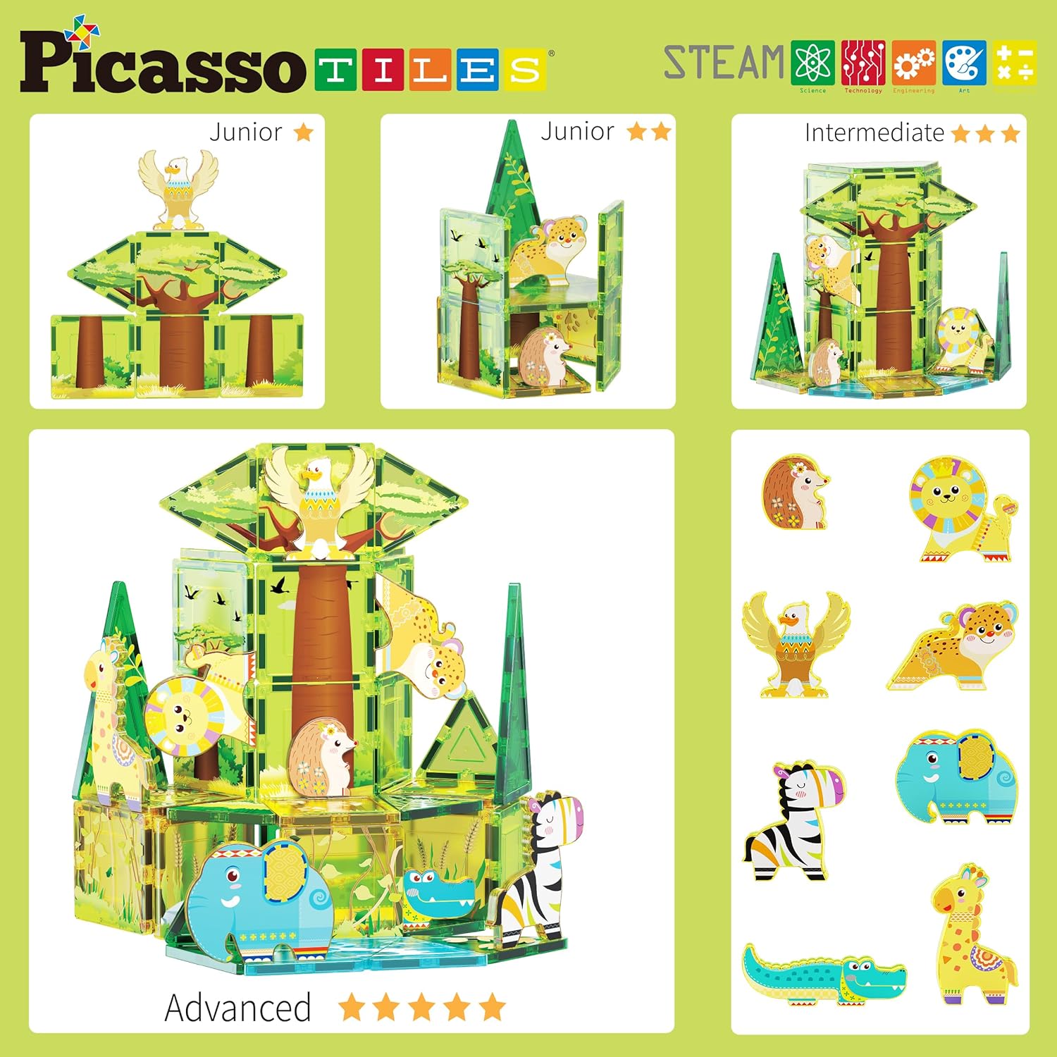 PicassoTiles Magnet Tile Building Blocks Farm Animal Toy Set with 8 Character Action Figures Magnetic Tiles STEM Learning Kit Playset Educational Pretend Play Preschool Toddler Child Kid Age 3 PTQ17Safari