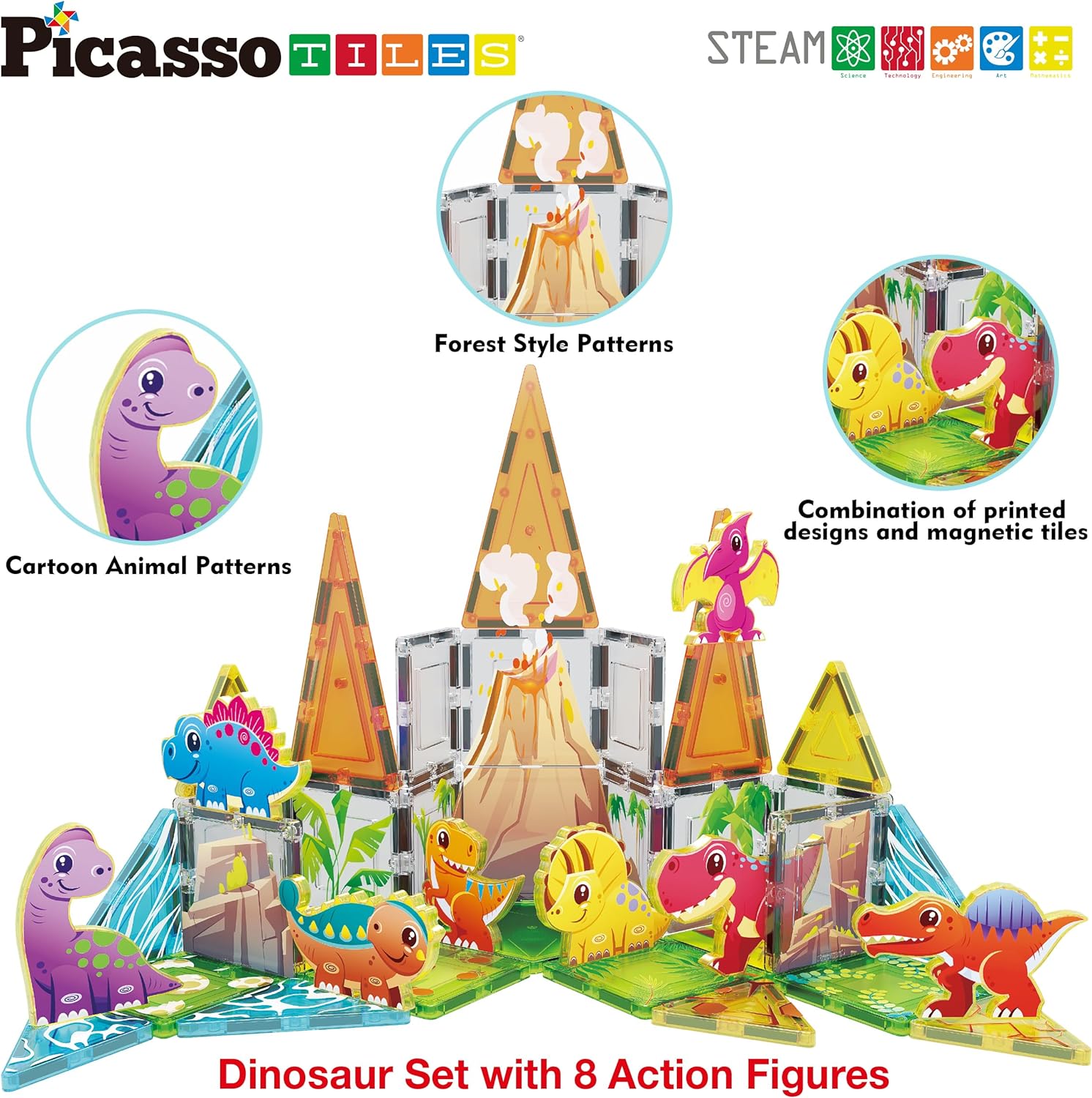 PicassoTiles Magnet Tile Building Blocks Farm Animal Toy Set with 8 Character Action Figures Magnetic Tiles STEM Learning Kit Playset Educational Pretend Play Preschool Toddler Child Kid Age 3 PTQ17Dinosaur