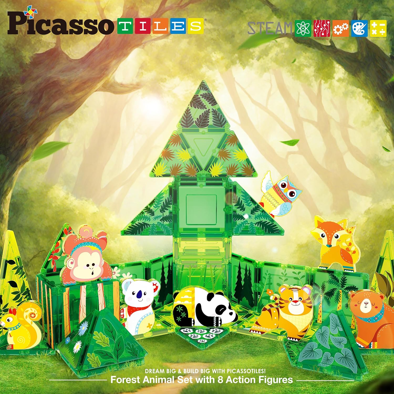 PicassoTiles Magnet Tile Building Blocks Farm Animal Toy Set with 8 Character Action Figures Magnetic Tiles STEM Learning Kit Playset Educational Pretend Play Preschool Toddler Child Kid Age 3 PTQ17Forest