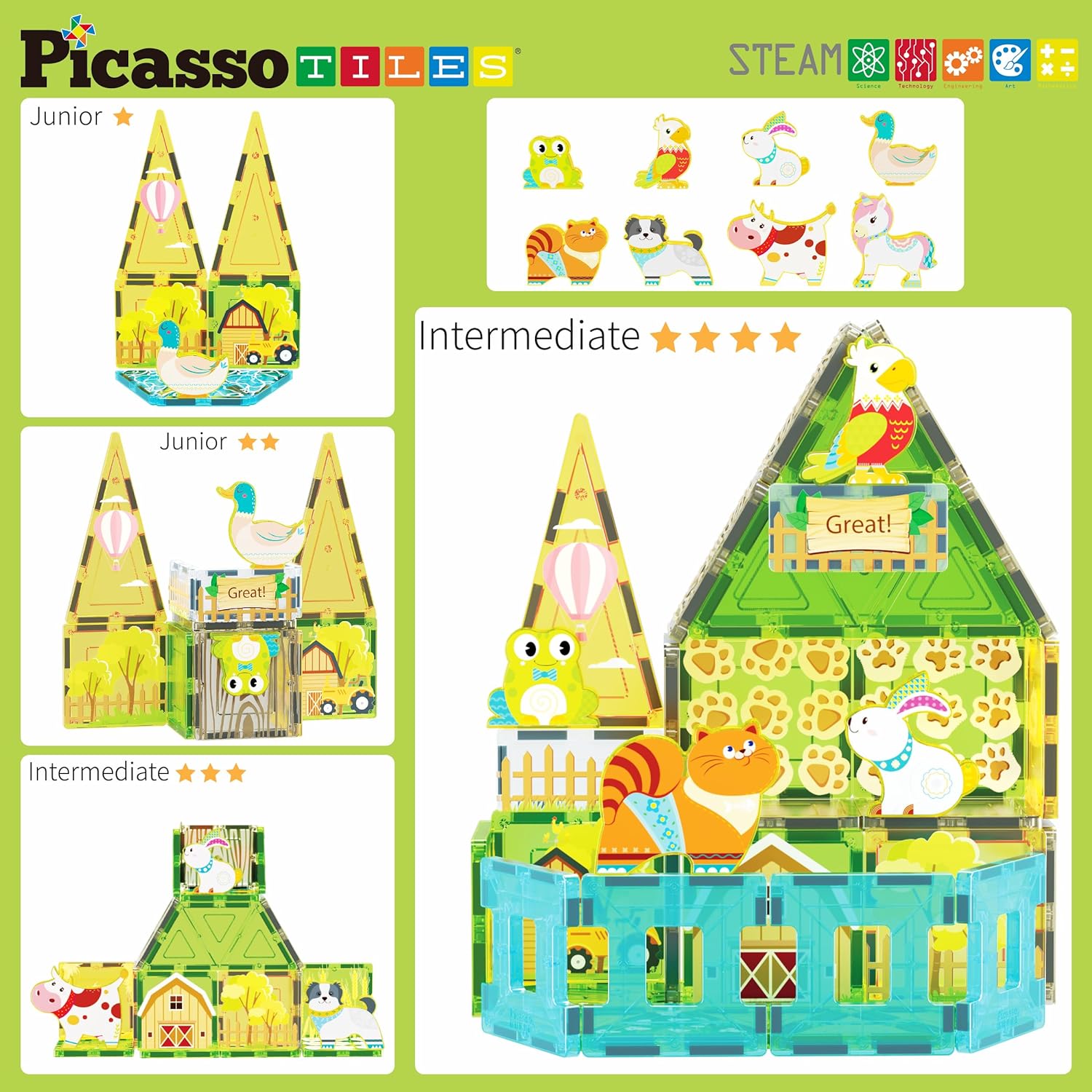 PicassoTiles Magnet Tile Building Blocks Farm Animal Toy Set with 8 Character Action Figures Magnetic Tiles STEM Learning Kit Playset Educational Pretend Play Preschool Toddler Child Kid Age 3 PTQ17Farm