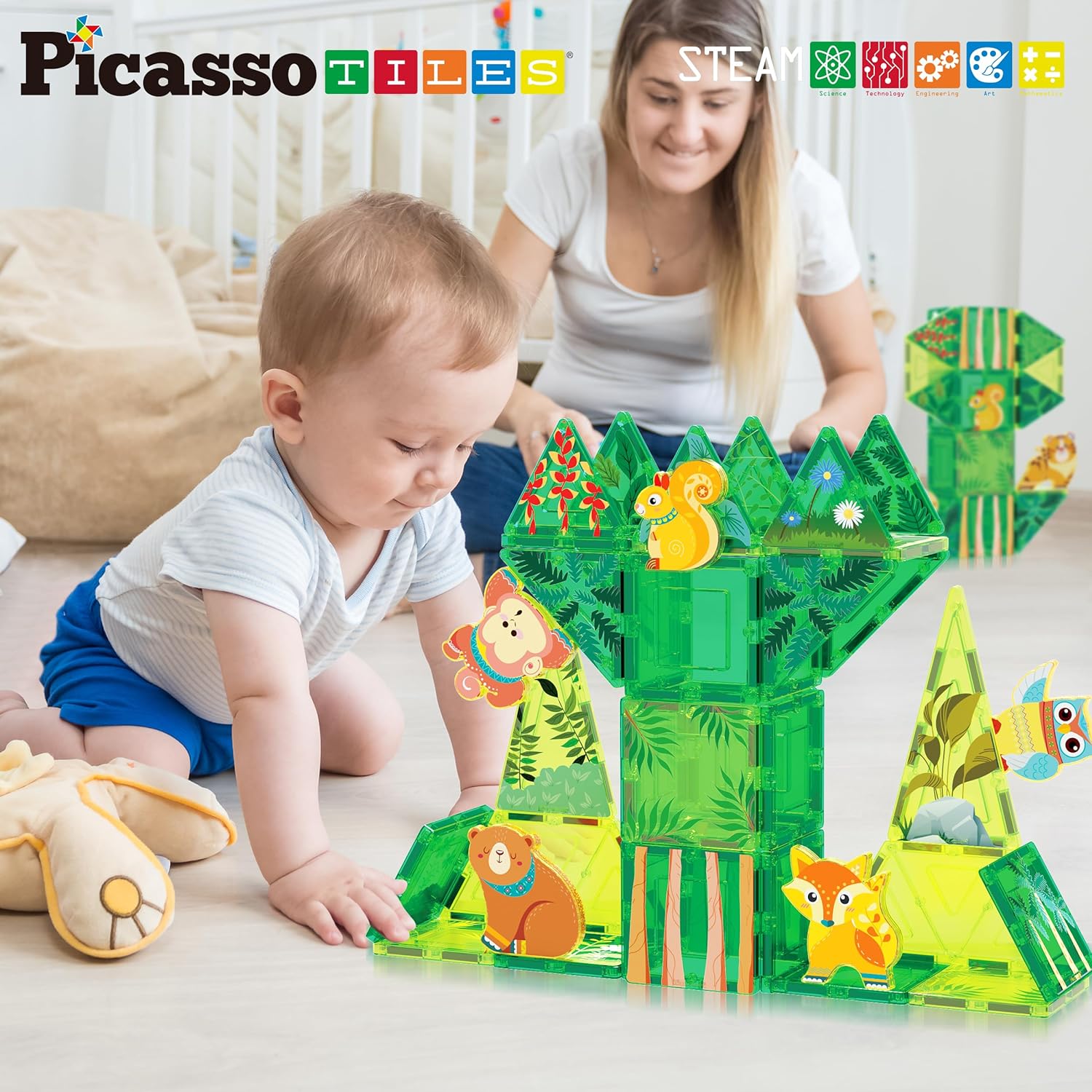 PicassoTiles Magnet Tile Building Blocks Farm Animal Toy Set with 8 Character Action Figures Magnetic Tiles STEM Learning Kit Playset Educational Pretend Play Preschool Toddler Child Kid Age 3 PTQ17Forest