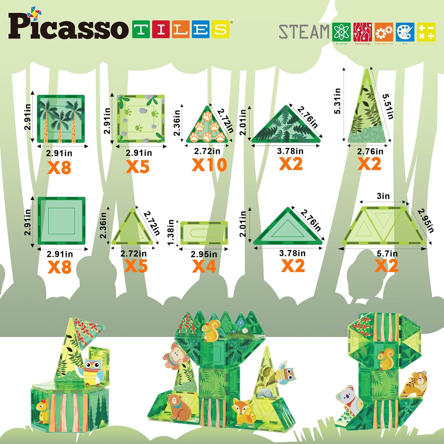 PicassoTiles Magnet Tile Building Blocks Farm Animal Toy Set with 8 Character Action Figures Magnetic Tiles STEM Learning Kit Playset Educational Pretend Play Preschool Toddler Child Kid Age 3 PTQ17Forest