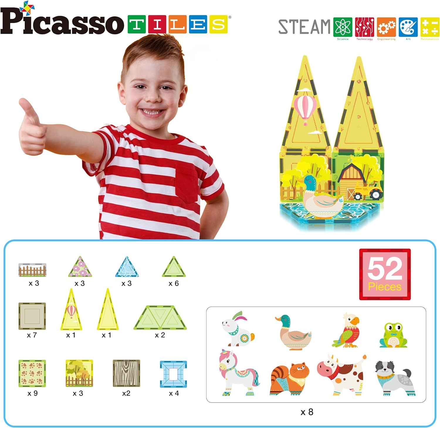 PicassoTiles Magnet Tile Building Blocks Farm Animal Toy Set with 8 Character Action Figures Magnetic Tiles STEM Learning Kit Playset Educational Pretend Play Preschool Toddler Child Kid Age 3 PTQ17Farm