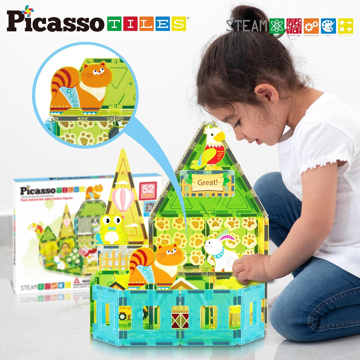 PicassoTiles Magnet Tile Building Blocks Farm Animal Toy Set with 8 Character Action Figures Magnetic Tiles STEM Learning Kit Playset Educational Pretend Play Preschool Toddler Child Kid Age 3 PTQ17Farm