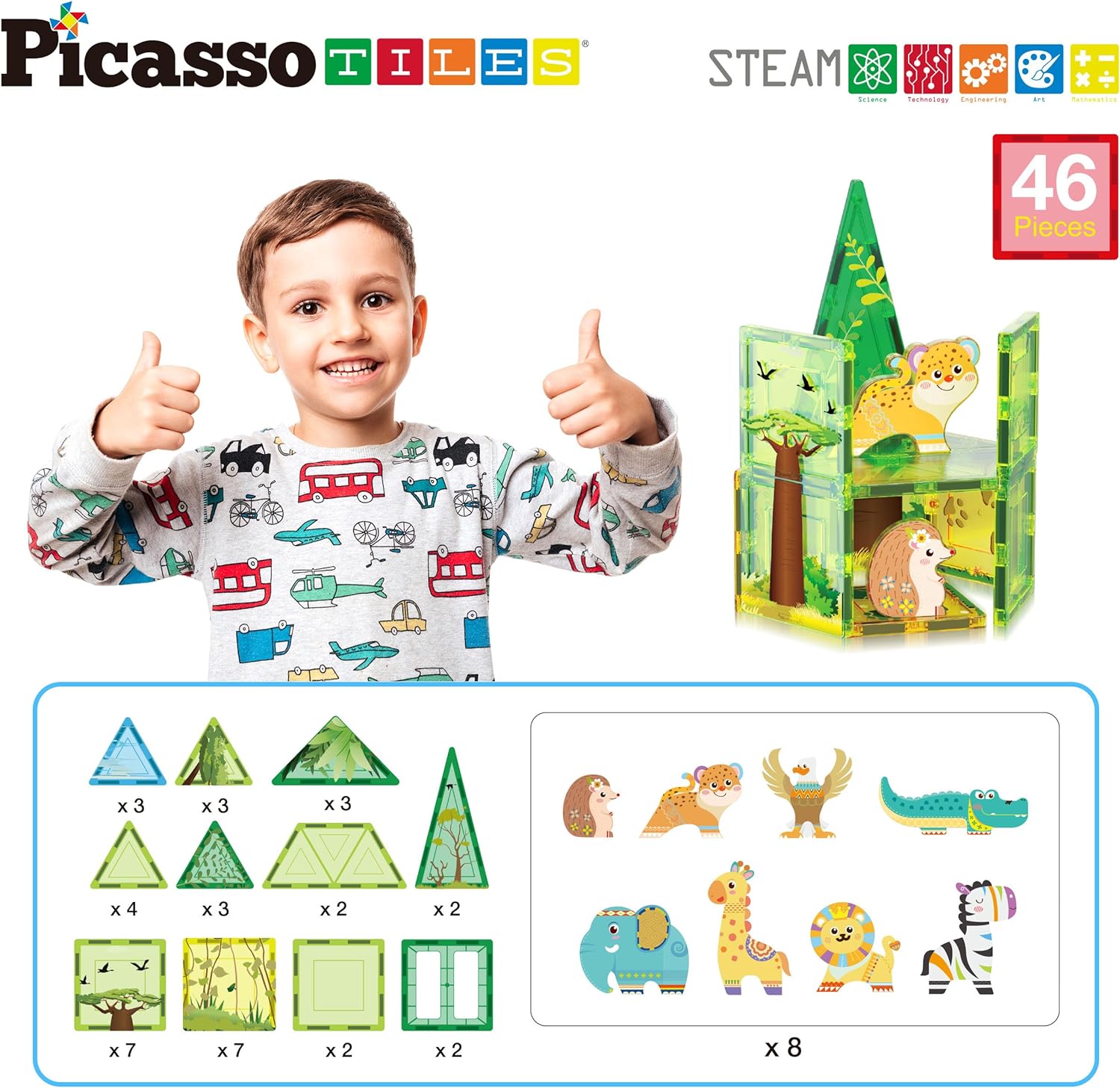 PicassoTiles Magnet Tile Building Blocks Farm Animal Toy Set with 8 Character Action Figures Magnetic Tiles STEM Learning Kit Playset Educational Pretend Play Preschool Toddler Child Kid Age 3 PTQ17Safari