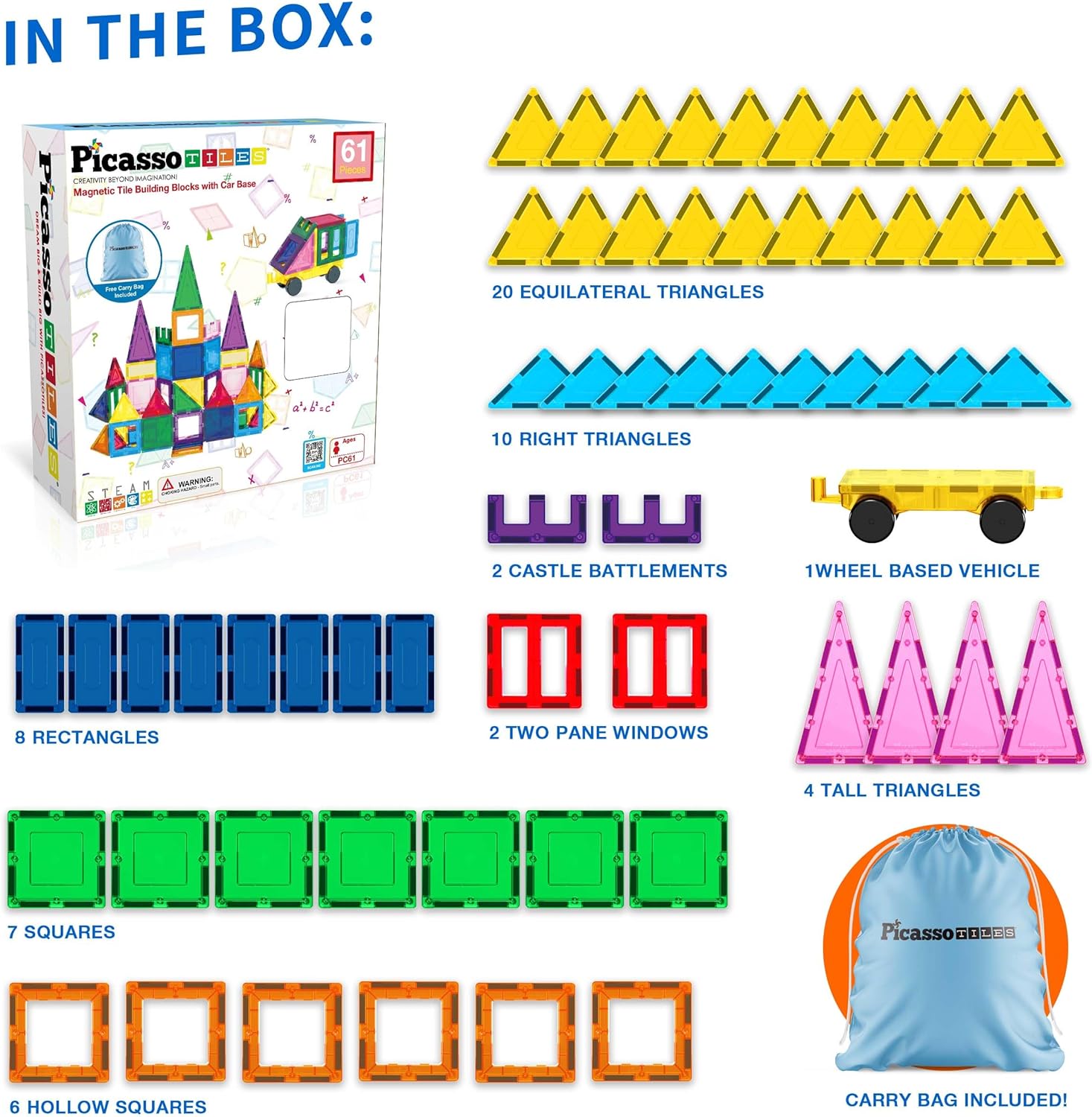 PicassoTiles Magnet Tile Building Blocks with Car Base Drawstring Storage Travel Bag Carry Case Magnetic Tiles Construction Toy STEM Learning Educational Kit Sensory Playset Preschool Kids 3 PC61PicassoTiles Magnet Tile Building Blocks with Car Base Drawstring Storage Travel Bag Carry Case Magnetic Tiles Construction Toy STEM Learning Educational Kit Sensory Playset Preschool Kids 3 PC61