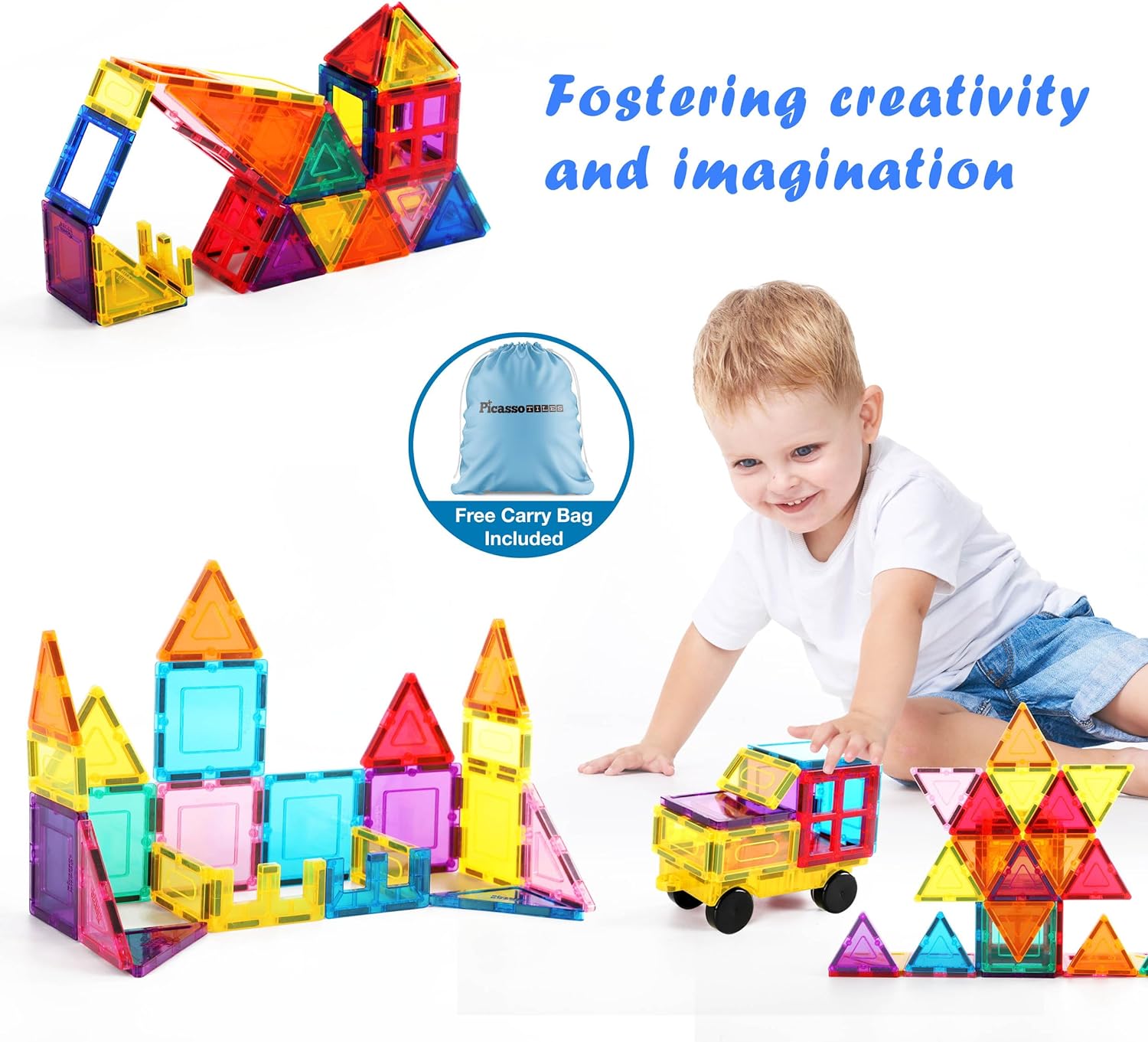 PicassoTiles Magnet Tile Building Blocks with Car Base Drawstring Storage Travel Bag Carry Case Magnetic Tiles Construction Toy STEM Learning Educational Kit Sensory Playset Preschool Kids 3 PC61PicassoTiles Magnet Tile Building Blocks with Car Base Drawstring Storage Travel Bag Carry Case Magnetic Tiles Construction Toy STEM Learning Educational Kit Sensory Playset Preschool Kids 3 PC61