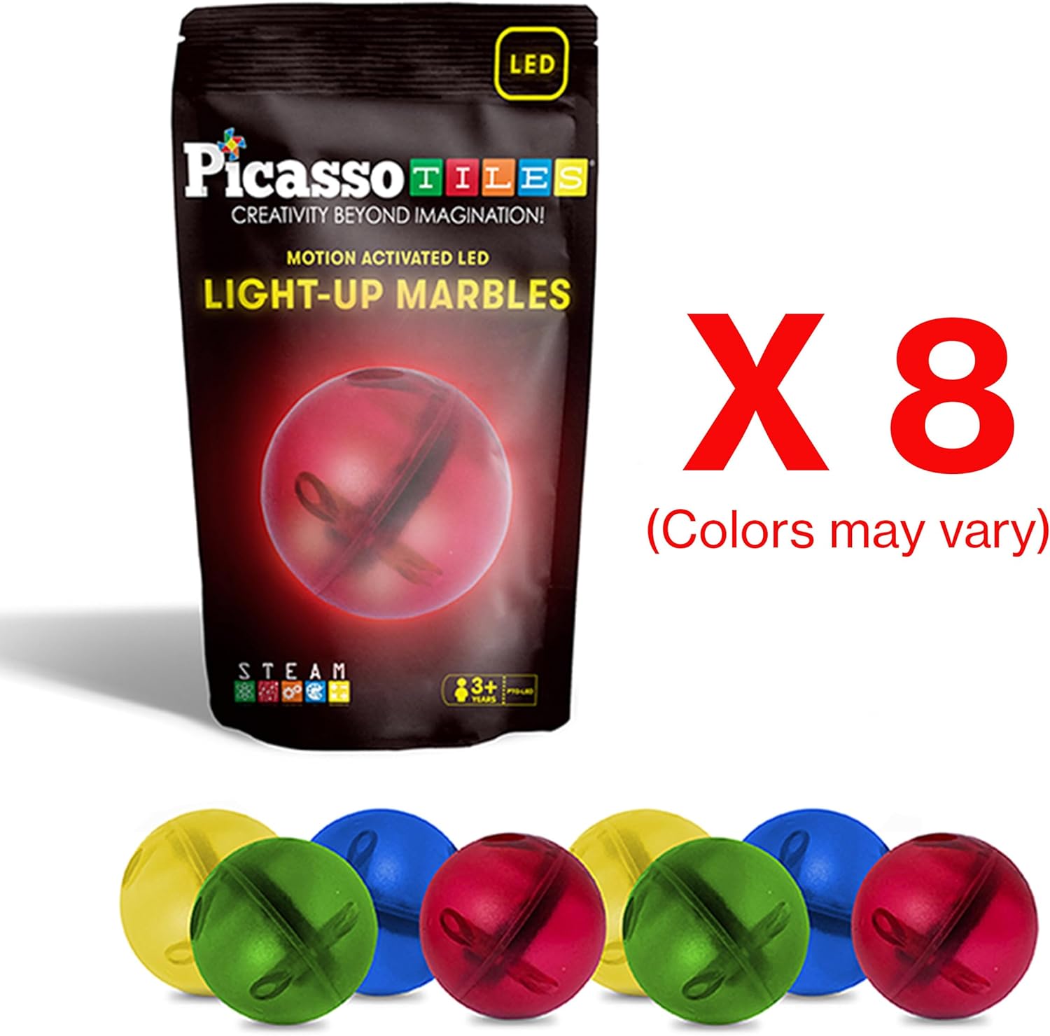 PicassoTiles Motion Activated Marbles 8pc LED LightUp Glow in The Dark Translucent Balls for Marble Run Race Racetrack Maze Magnetic Construction Magnet Tiles Building Block STEM Education Kids ToysPicassoTiles Motion Activated Marbles 8pc LED LightUp Glow in The Dark Translucent Balls for Marble Run Race Racetrack Maze Magnetic Construction Magnet Tiles Building Block STEM Education Kids Toys