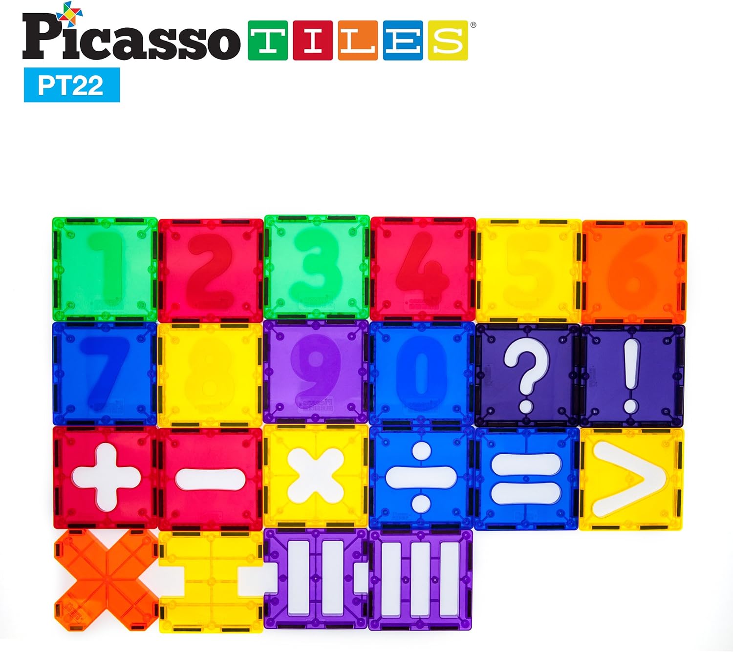PicassoTiles PT22 Magnetic Building Blocks 22pc Numerical Magnet Tiles Educational Kit Toy Set 3D Clear Color Stacking Block STEM Playboard Novelty Game wNumbers Roman Numerals and Math SymbolsPicassoTiles PT22 Magnetic Building Blocks 22pc Numerical Magnet Tiles Educational Kit Toy Set 3D Clear Color Stacking Block STEM Playboard Novelty Game wNumbers Roman Numerals and Math Symbols