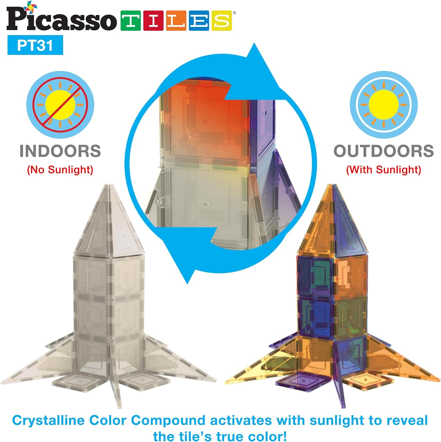 PicassoTiles UV Activated Color Changing Rocket Set 20 Piece Magnet Construction Toy Kit Engineering STEM Learning Playset Child Brain Development Stacking Blocks Playboard for All Ages 3 and Up PT31PicassoTiles UV Activated Color Changing Rocket Set 20 Piece Magnet Construction Toy Kit Engineering STEM Learning Playset Child Brain Development Stacking Blocks Playboard for All Ages 3 and Up PT31