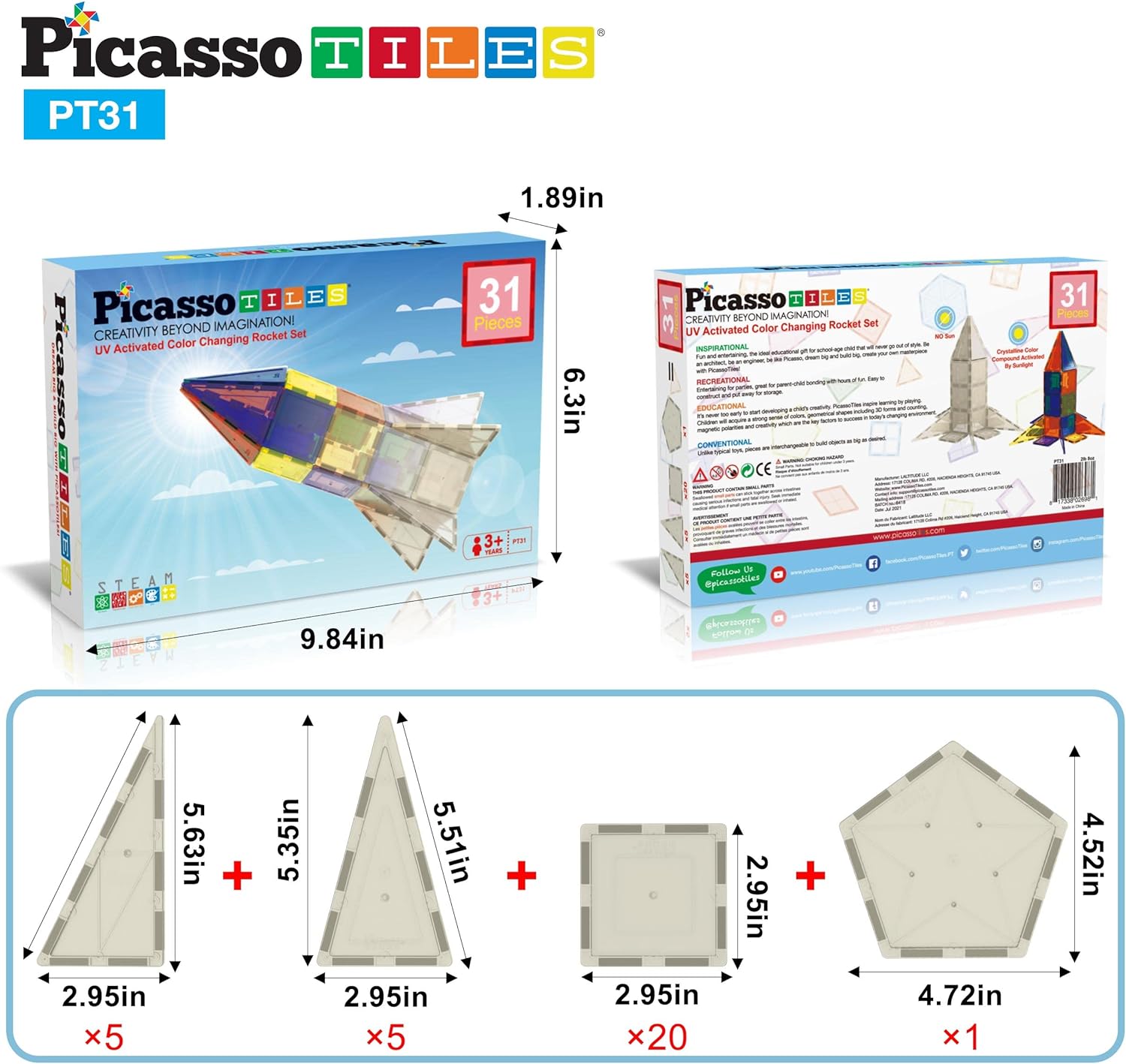 PicassoTiles UV Activated Color Changing Rocket Set 20 Piece Magnet Construction Toy Kit Engineering STEM Learning Playset Child Brain Development Stacking Blocks Playboard for All Ages 3 and Up PT31PicassoTiles UV Activated Color Changing Rocket Set 20 Piece Magnet Construction Toy Kit Engineering STEM Learning Playset Child Brain Development Stacking Blocks Playboard for All Ages 3 and Up PT31