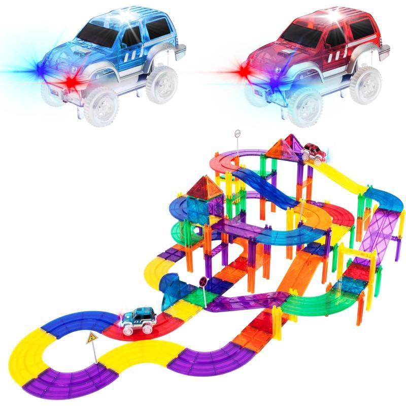 PicassoTiles 100 PCs Race Car Track Set Magnetic Toy Building Block with 2 LED Cars with Height Adjustable Roads Signs Education STEM Building Kit Learning Construction Fun for Boys amp Girls Ages 3PTR100