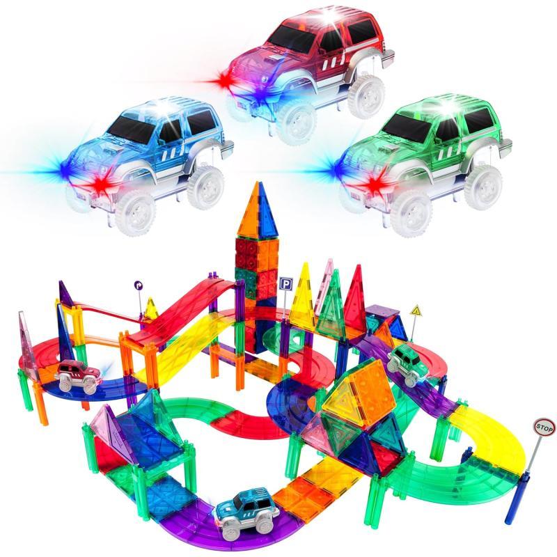 PicassoTiles 100 PCs Race Car Track Set Magnetic Toy Building Block with 2 LED Cars with Height Adjustable Roads Signs Education STEM Building Kit Learning Construction Fun for Boys amp Girls Ages 3PTR128