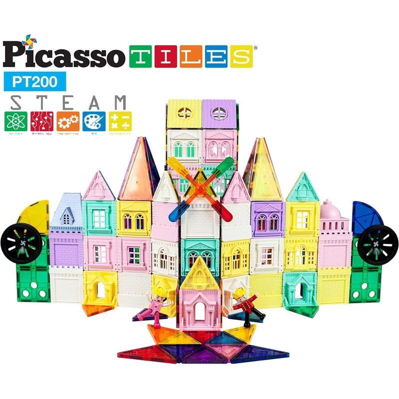 PicassoTiles 200 PCs Magnetic Tiles Castle Theme with 2 Figures Character Car and Windmill Set STEM Educational Playset for Kids Multicolor Toy Magnet Building Block for Boys and Girls Ages 3PT200