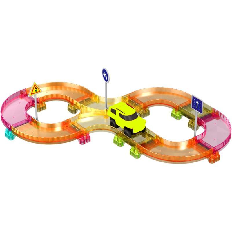 PicassoTiles 40pc Mini Diamond Series Magnetic Tile Race Track Set LED Car Travel Size Magnet Block Toy Set Magnetized Building Fine Motor Skill STEM Education Learning Development Kit Ages 3 PTMR40PTMR40